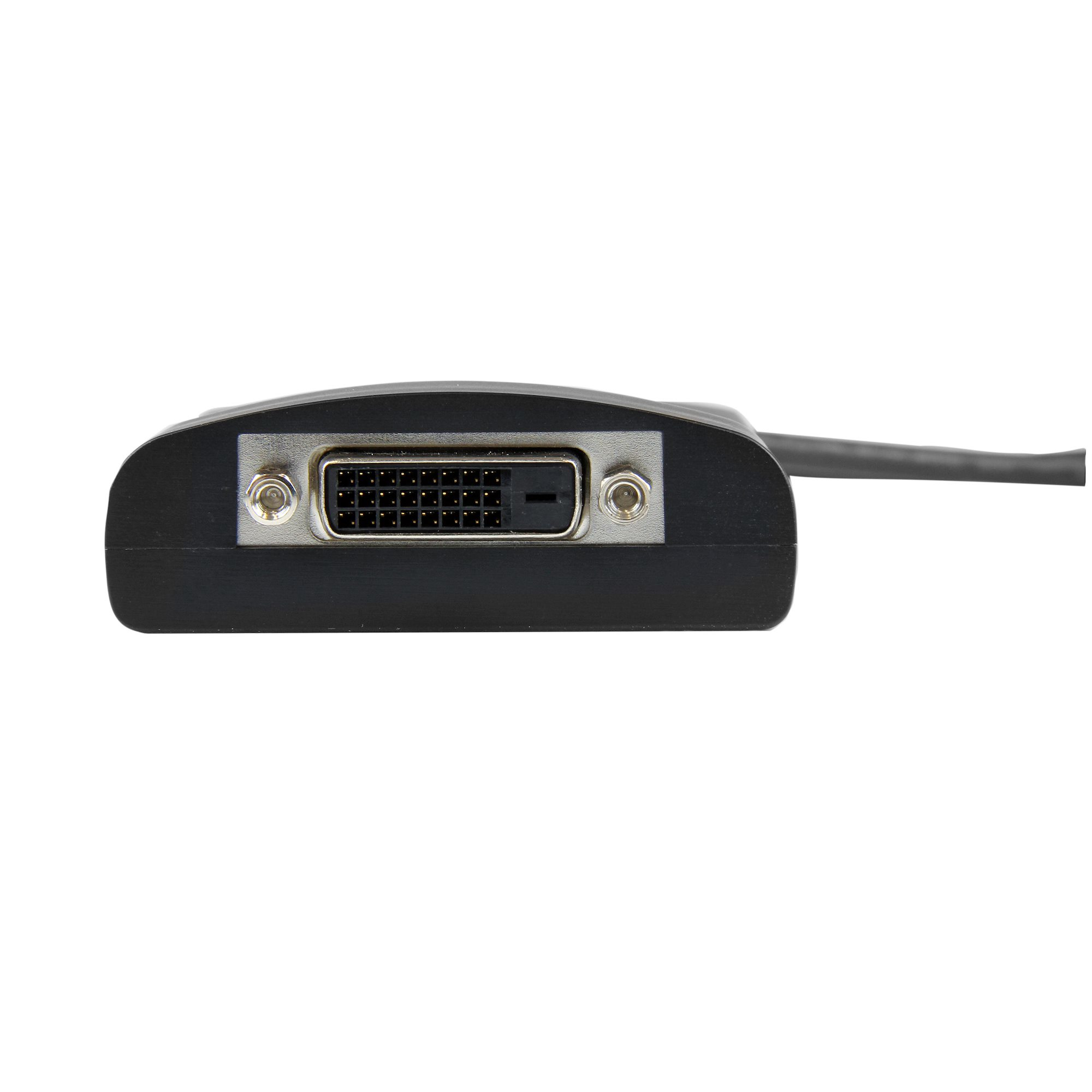 Un conector DVI negro con tornillos plateados y un cable negro que se extiende hacia la derecha, todo sobre un fondo blanco.