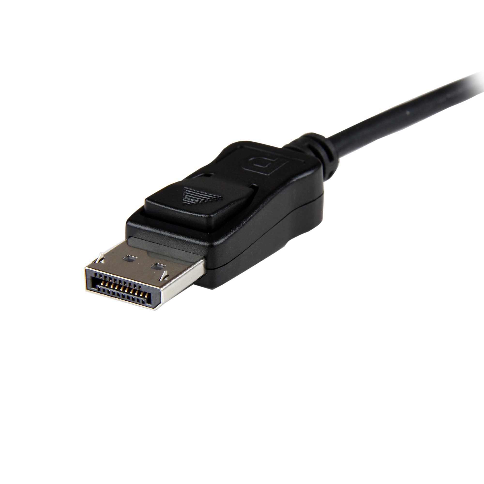 Un cable DisplayPort con conector y cable negros sobre fondo blanco.