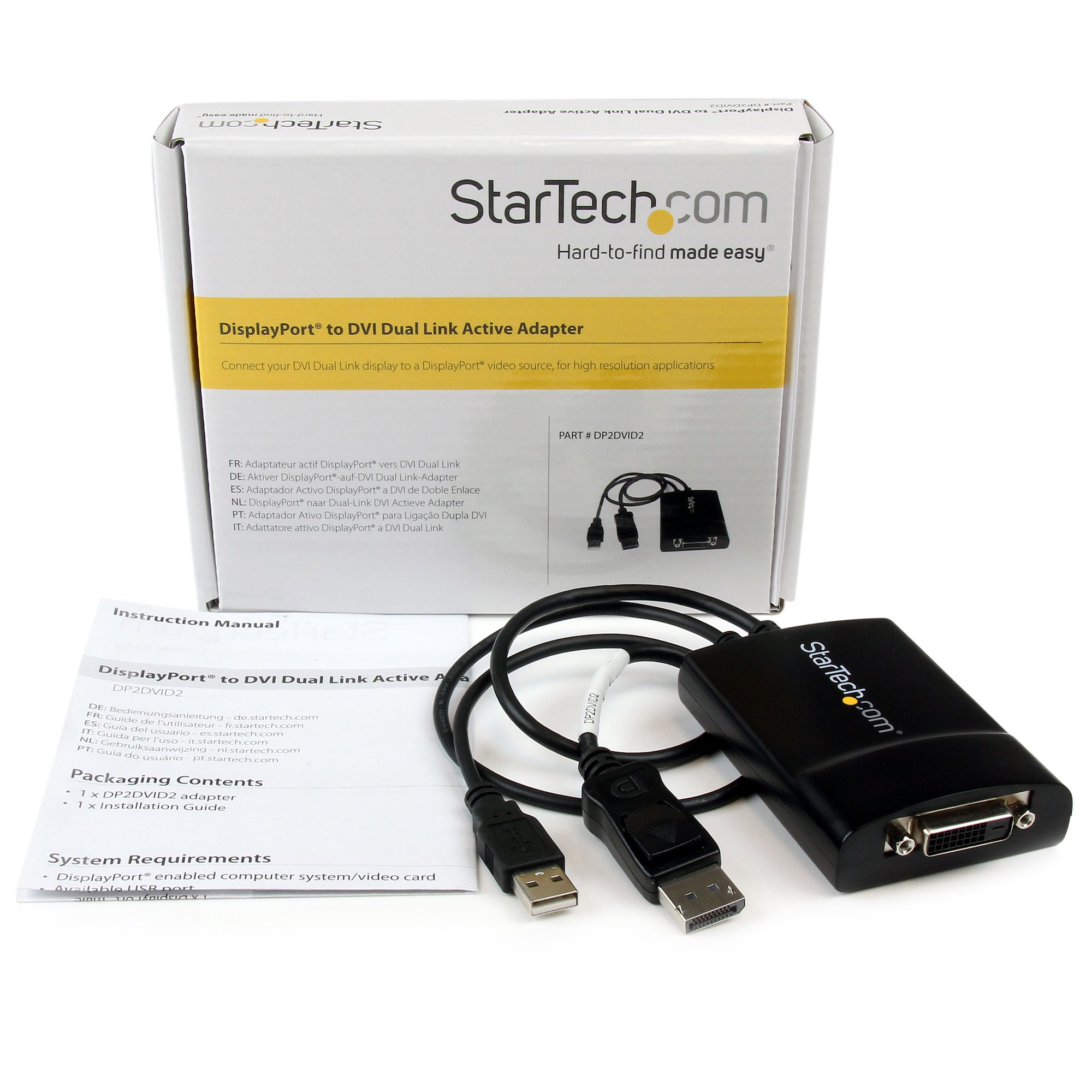Una caja adaptadora StarTech con cables y un manual. El adaptador convierte DisplayPort a DVI.