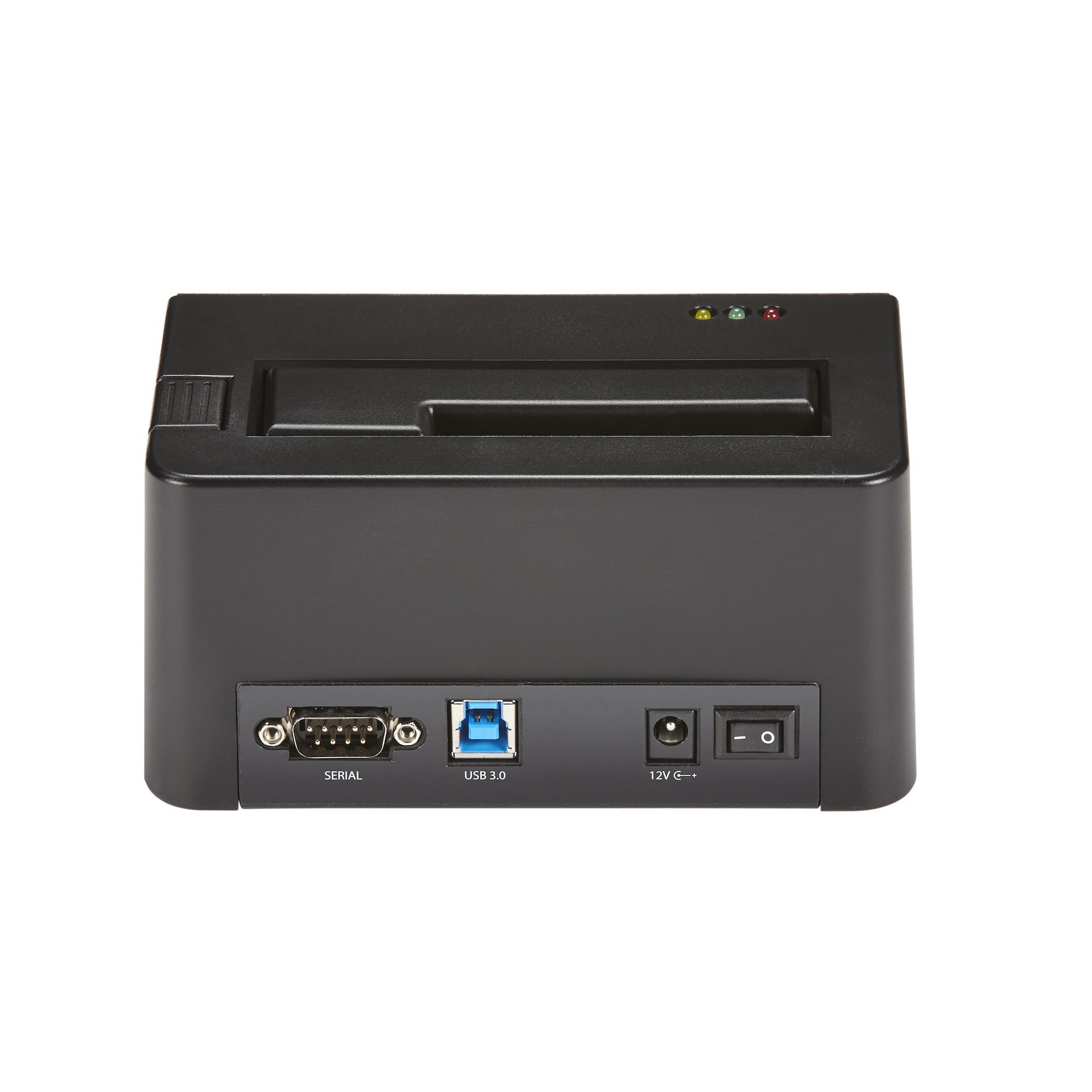 Base de conexión negra con USB 3.0, serie, entrada de alimentación y botón de encendido, con luces indicadoras.