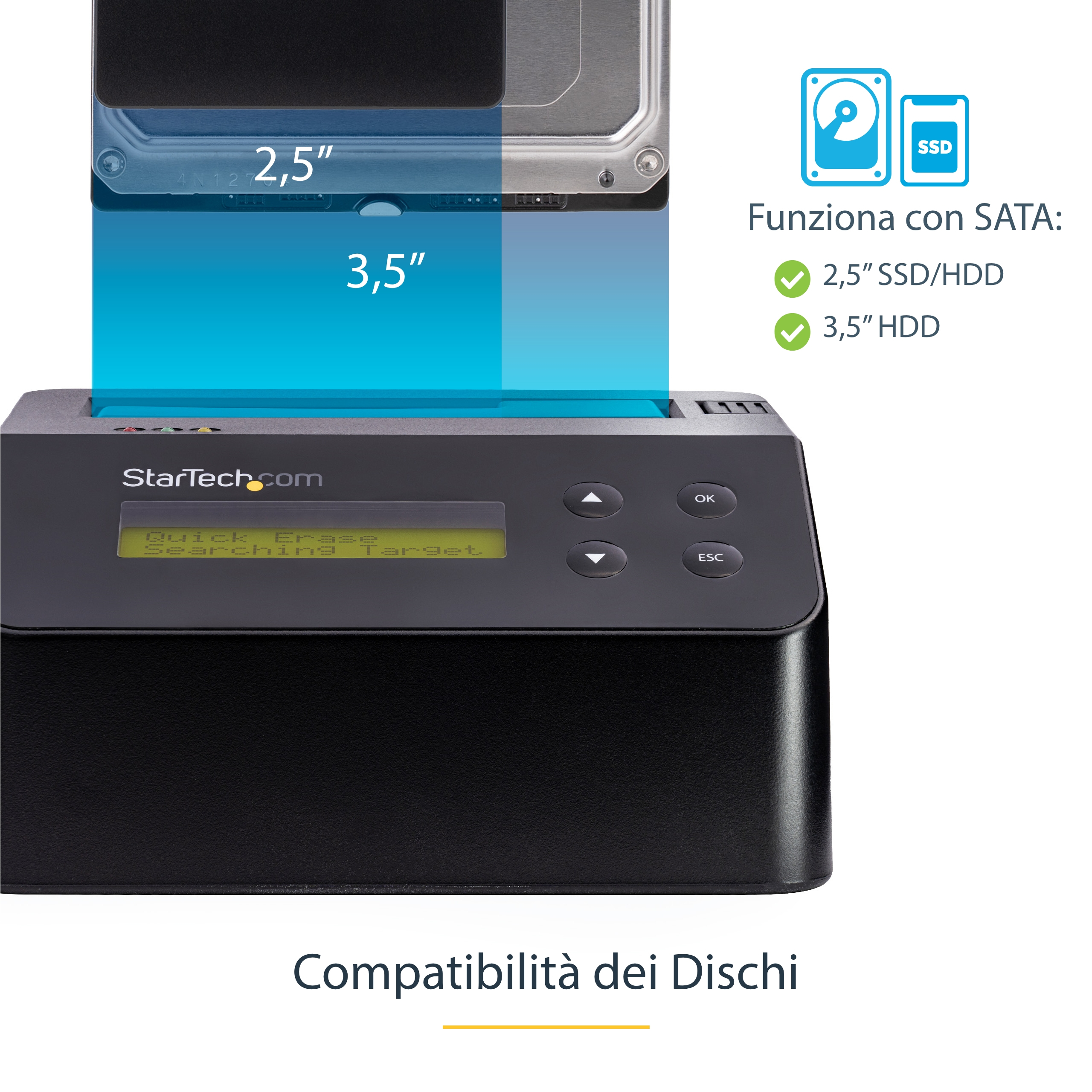 Una carcasa de disco duro con unidades de 2,5" y 3,5", el texto dice 'Quick Erase' y 'Compatibilità dei Dischi'.