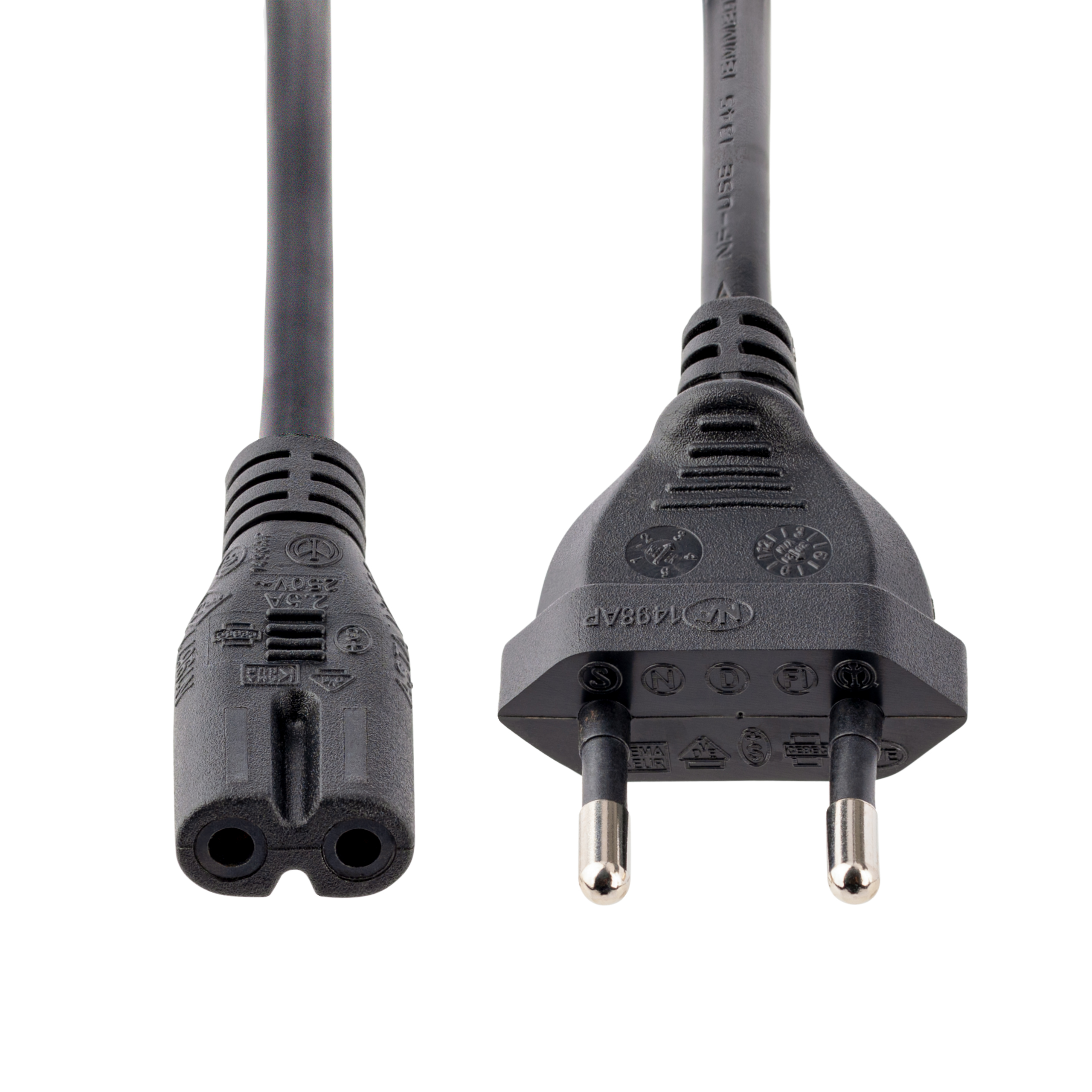 Un cable de alimentación negro con dos extremos: un conector hembra con dos orificios y un enchufe macho con dos clavijas.