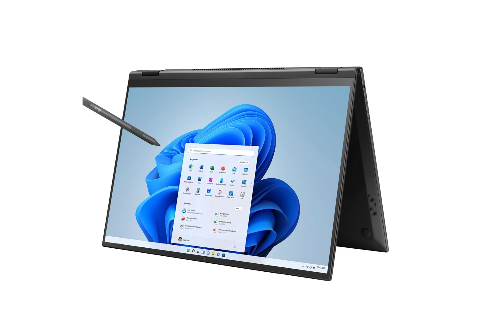Czarny laptop w trybie tabletu z rysikiem. Ekran wyświetla Windows 11. Rysik unosi się nad ekranem.