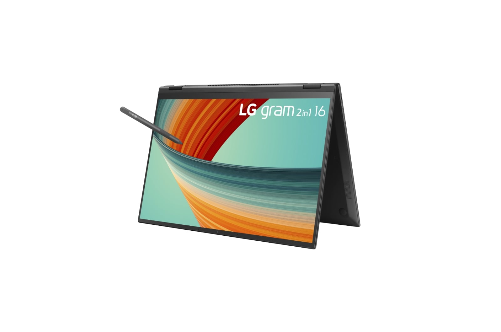 Otwarty laptop LG Gram 2-w-1 16 z rysikiem. Ekran pokazuje pomarańczowe i niebieskie wiry. Białe tło.