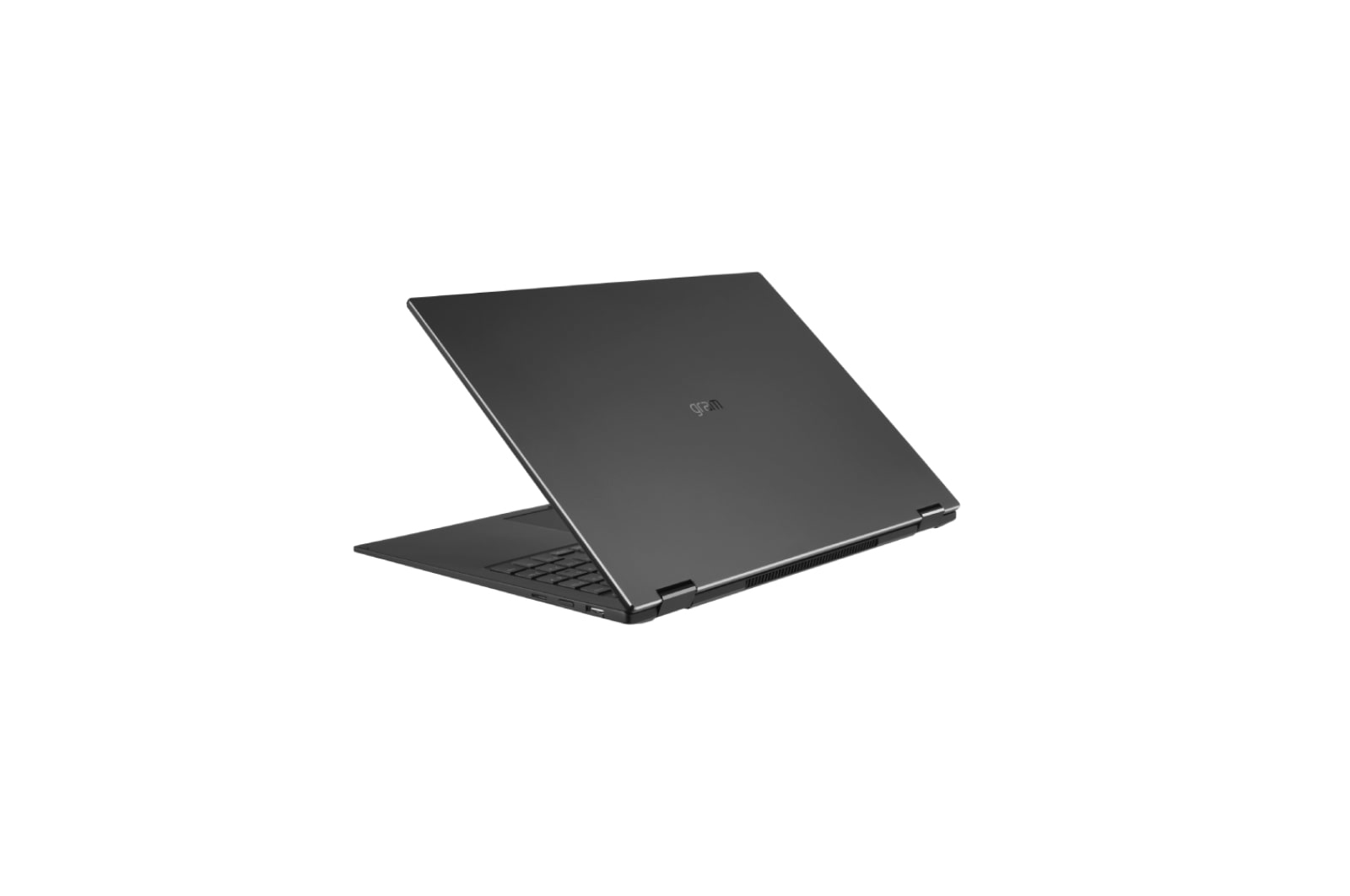 Ciemnoszary laptop na białym tle. Laptop jest otwarty, lekko pochylony i pokazuje klawiaturę i ekran.