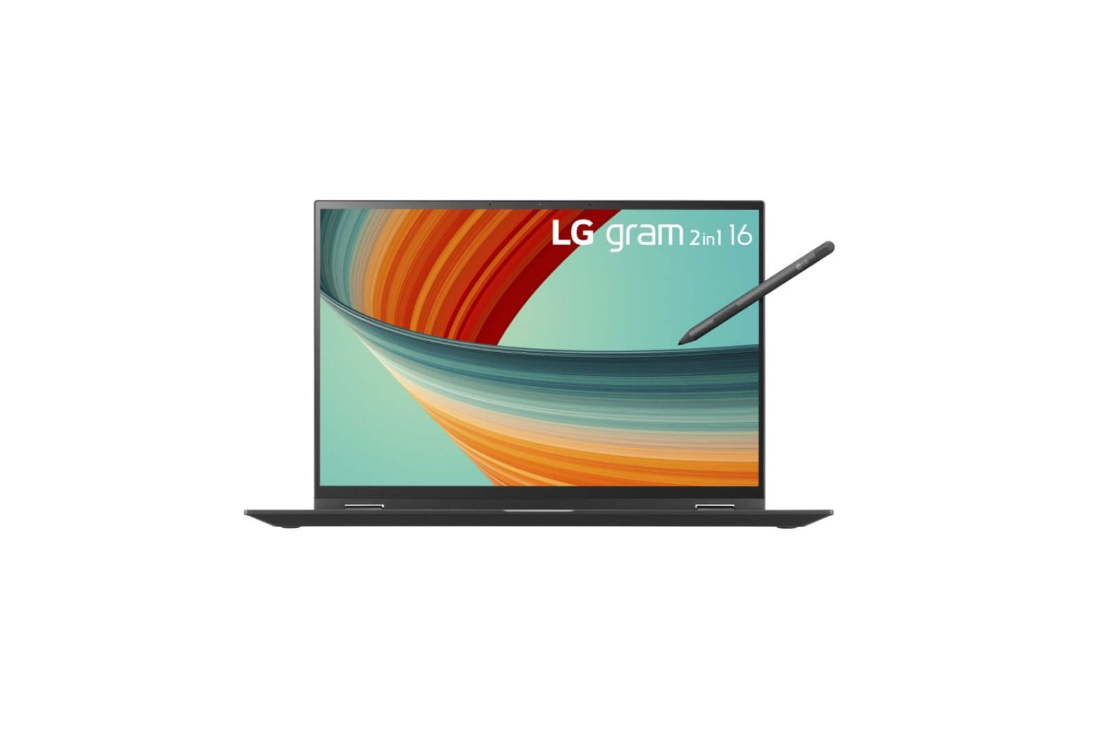 Laptop LG Gram 2 w 1 16. Ekran wyświetla abstrakcyjny wzór w kolorach pomarańczowym, turkusowym i niebieskim. Pióro wisi.