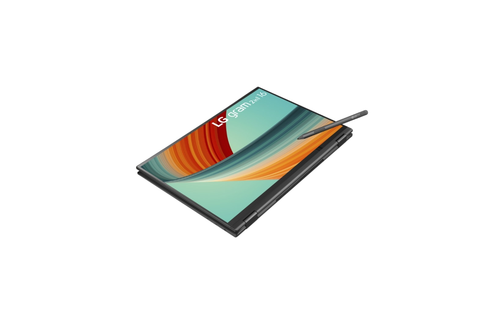 Laptop LG Gram 2 w 1 z rysikiem. Ekran wyświetla abstrakcyjny pomarańczowy, brązowy i turkusowy wzór.