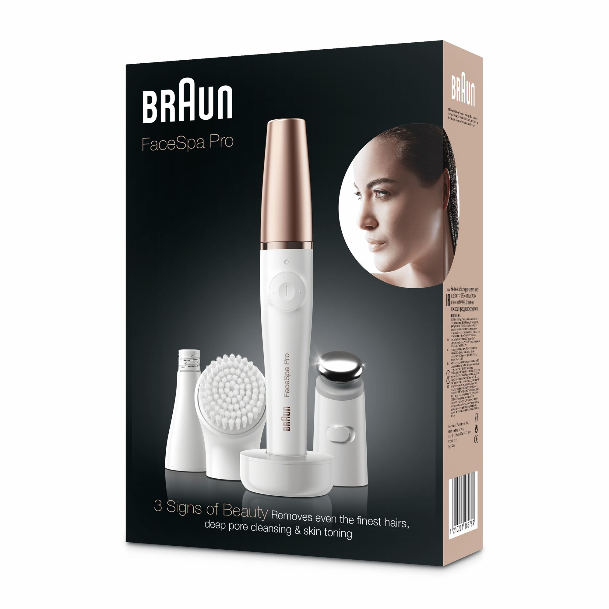 Schachtel mit Braun FaceSpa Pro, mit Gesichtsepilierer, Reinigungsbürste und Hautstraffungsaufsätzen, plus Frauen Gesicht.