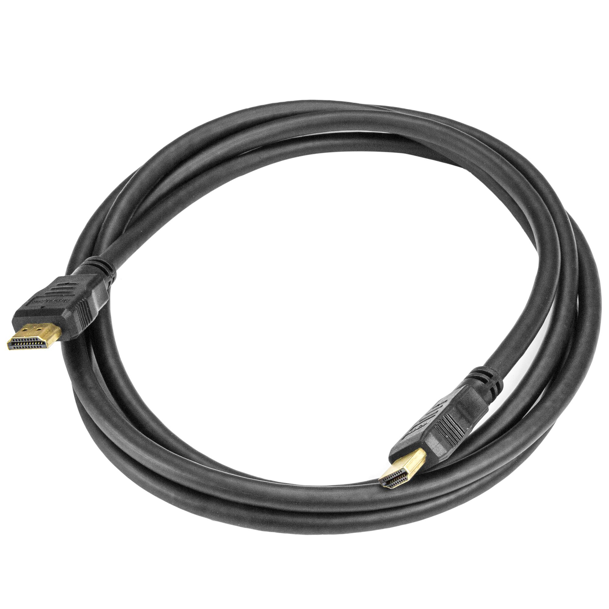 Un cable HDMI negro en bucle con conectores en cada extremo. Fondo blanco.