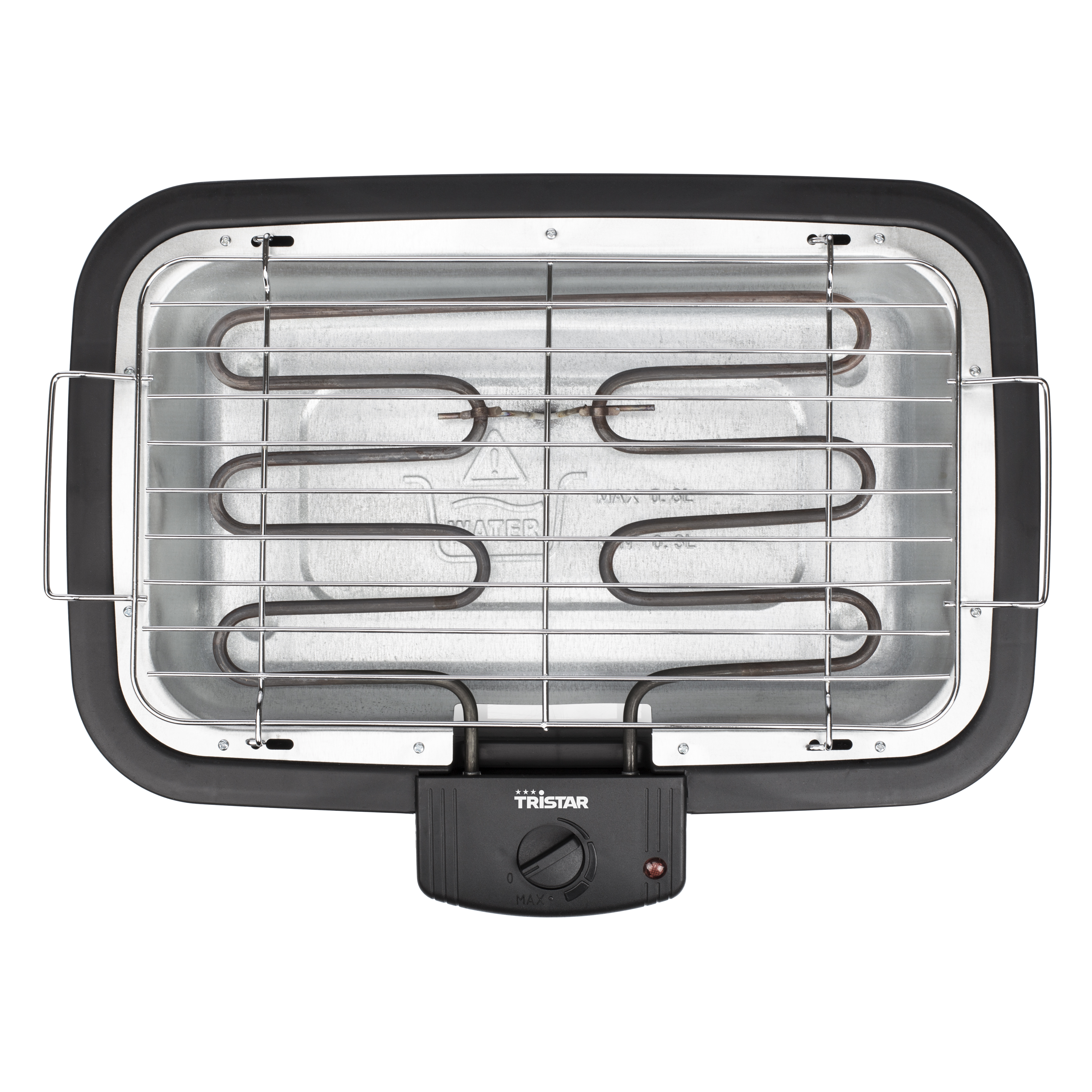Overhead view of an electric grill with a black frame and a silver heating element.