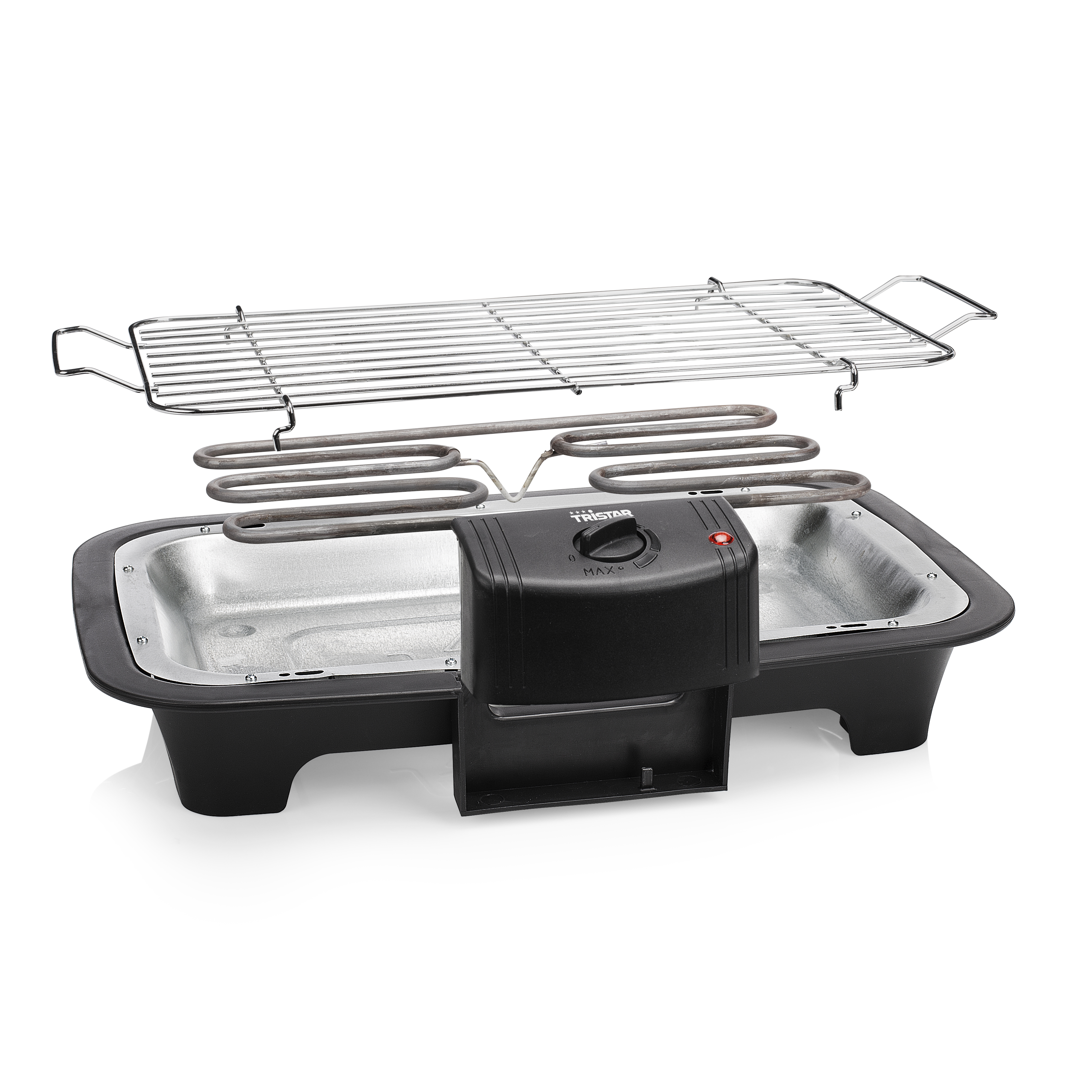 Electric grill with a black base, stainless steel heating elements, and a grill rack. It has a control panel and is on white.