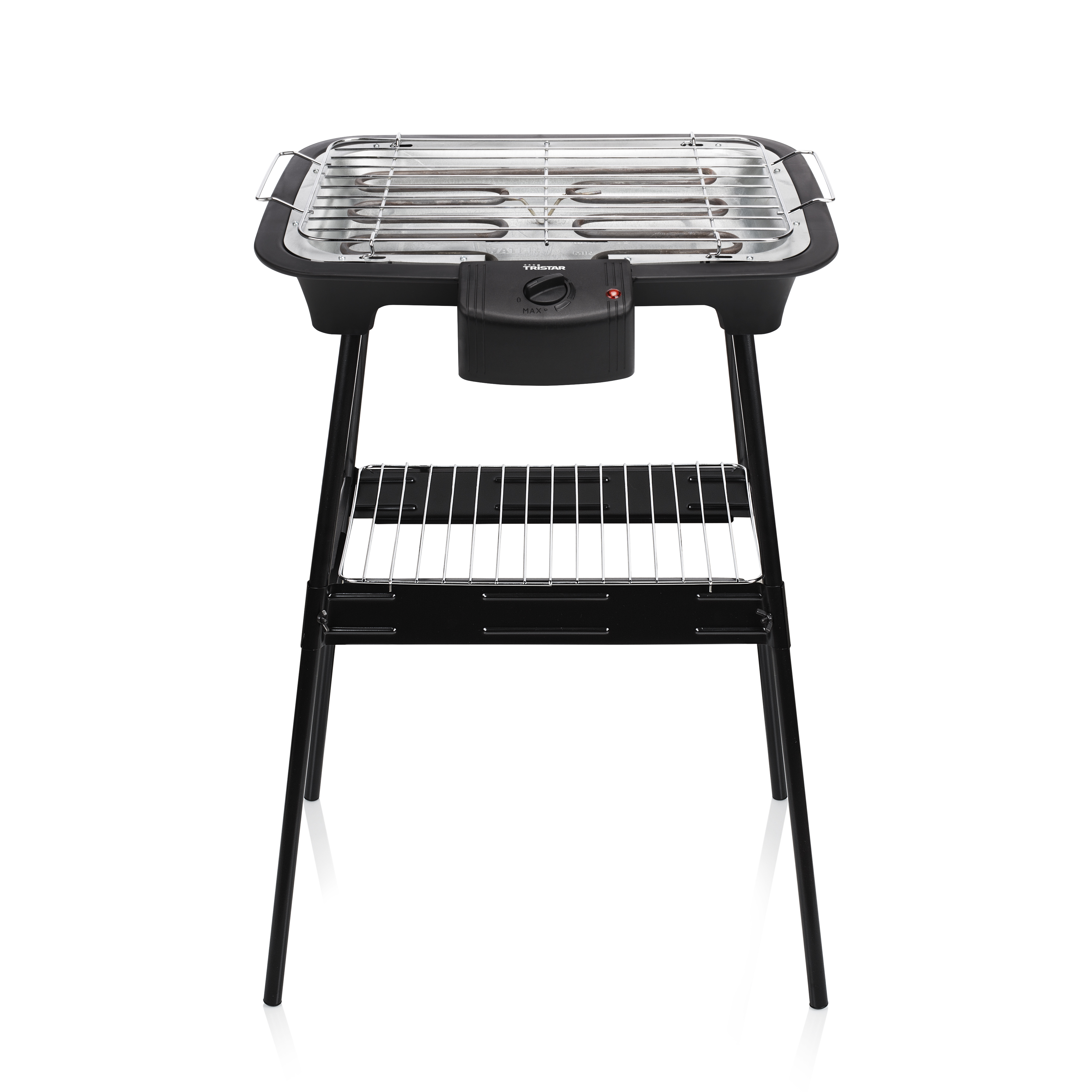 An electric grill on a stand, black frame, metal grill, and heating elements. Isolated on white background.
