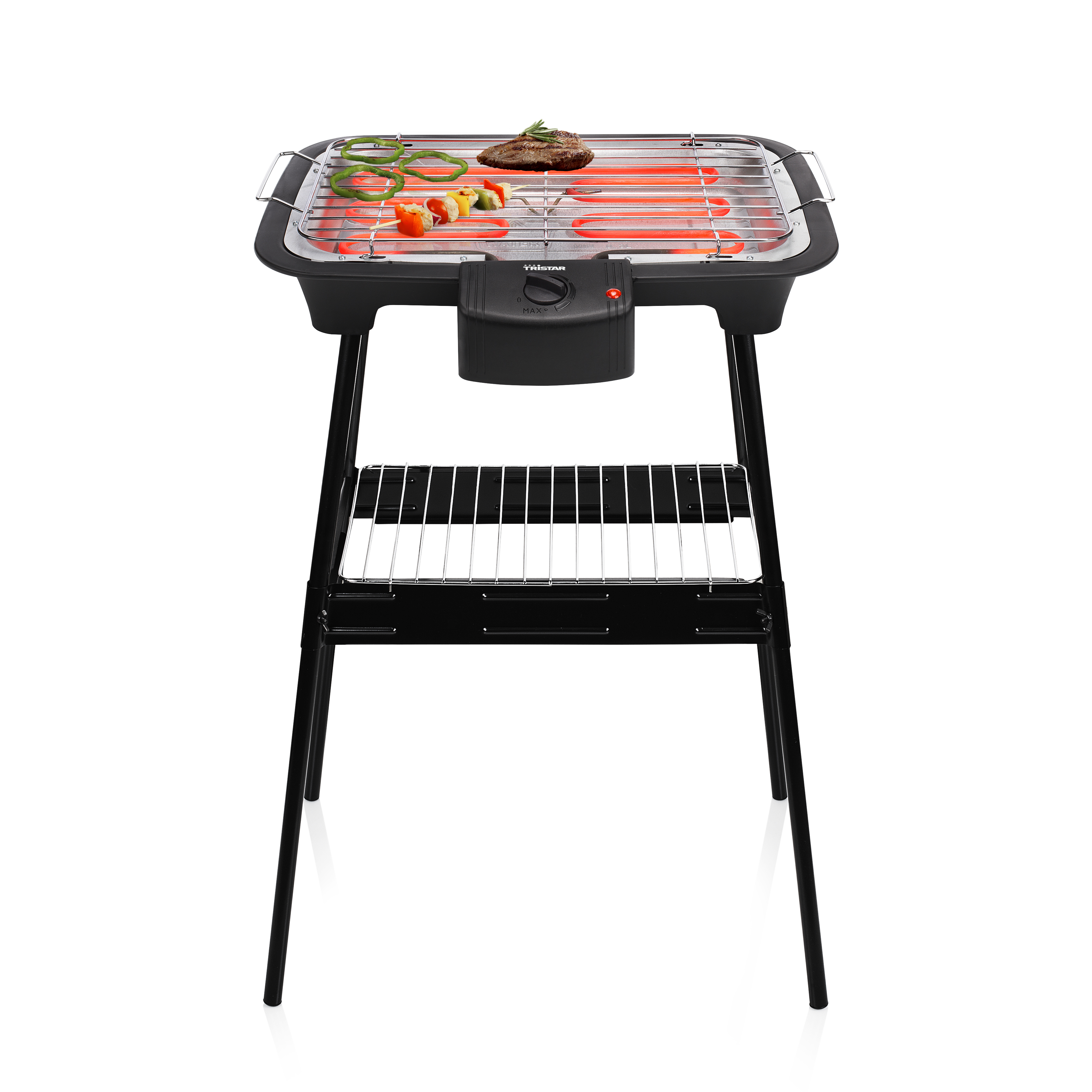 An electric grill with food cooking on it. The grill is black and sits on a stand. White background.
