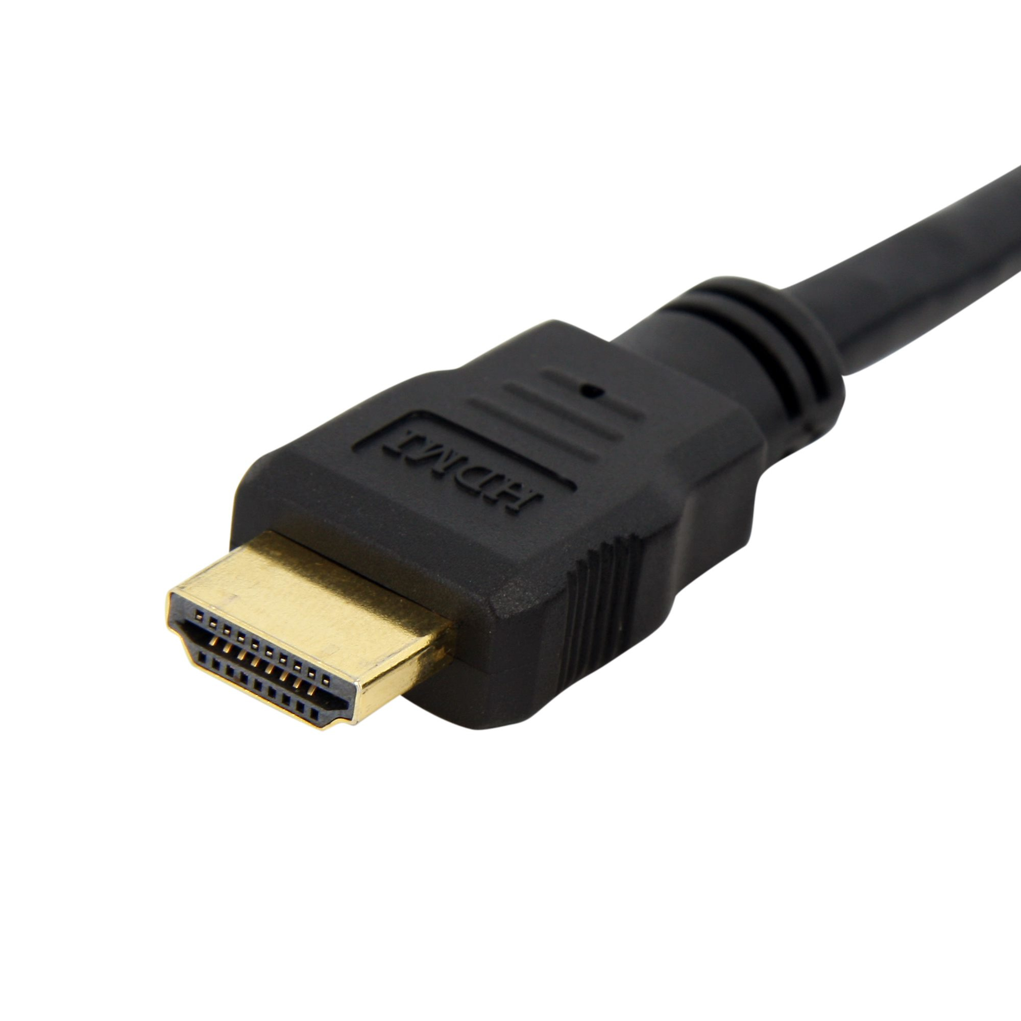 Un cable HDMI con un conector dorado y una carcasa negra. La palabra HDMI es visible en el conector.