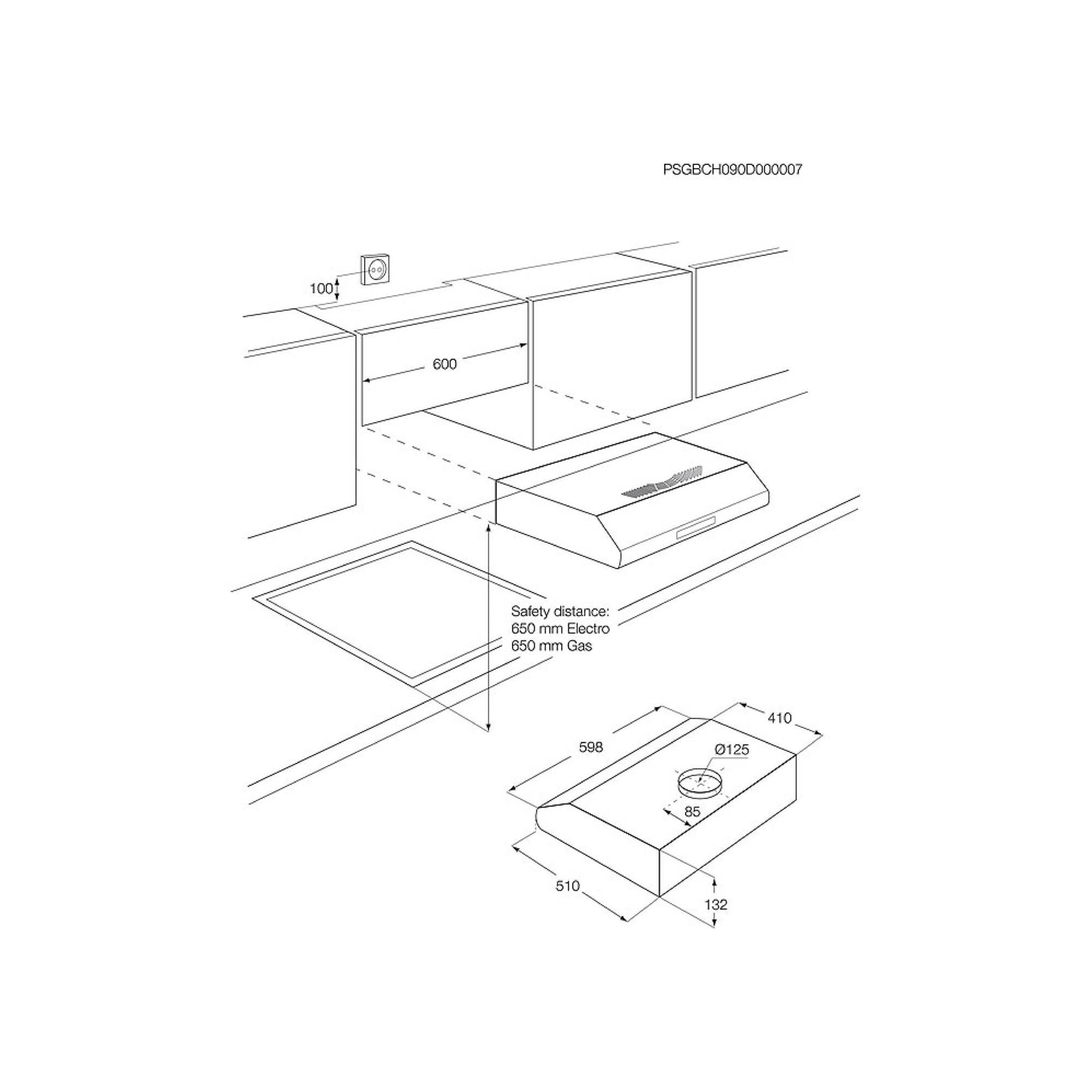 Schemat okapu kuchennego z wymiarami i odległościami bezpieczeństwa. Zawiera gniazdo zasilania.