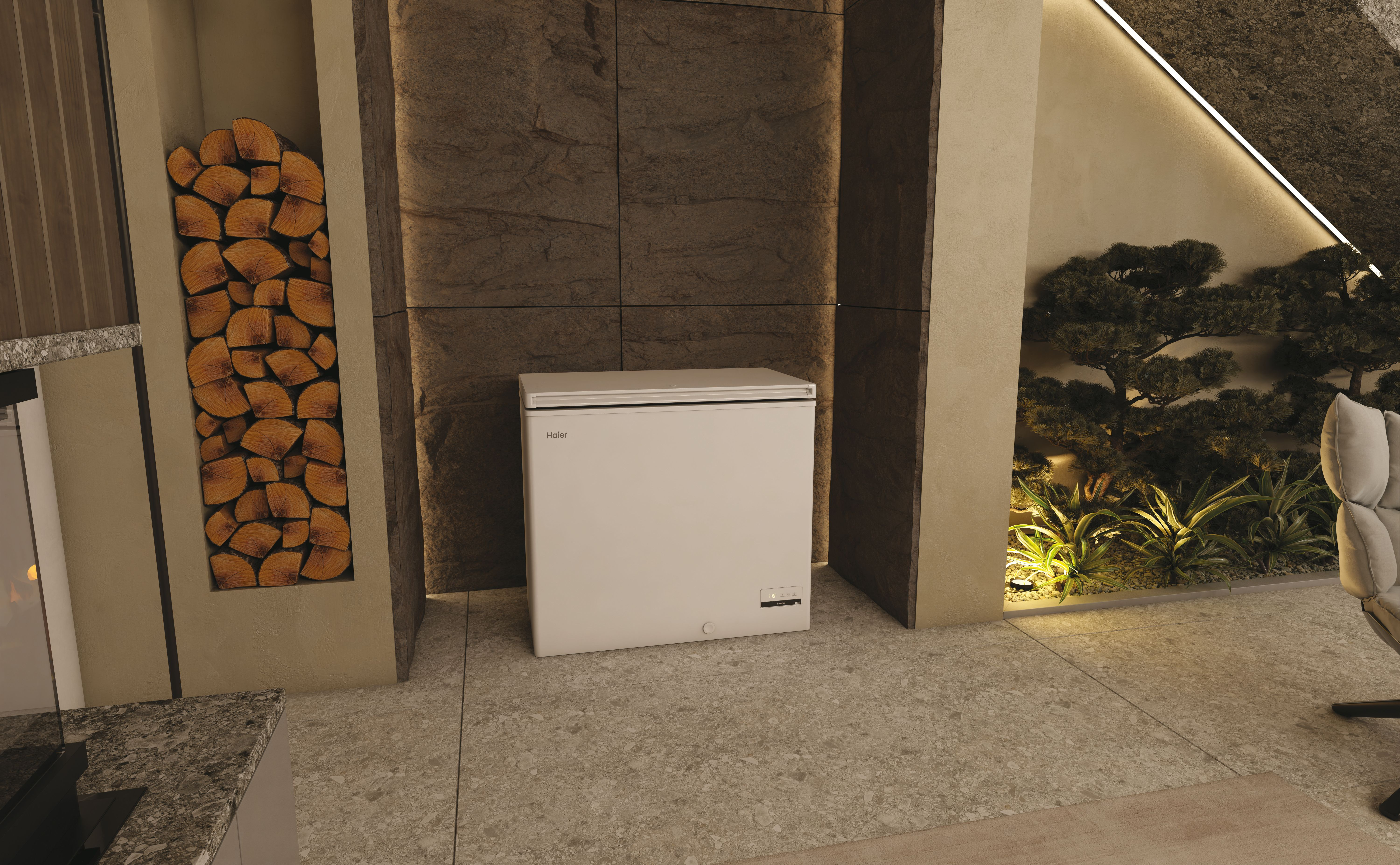 Un congelatore Haier bianco si trova tra una pila di legno e un'esposizione di piante. Il pavimento è grigio e il muro è in pietra.