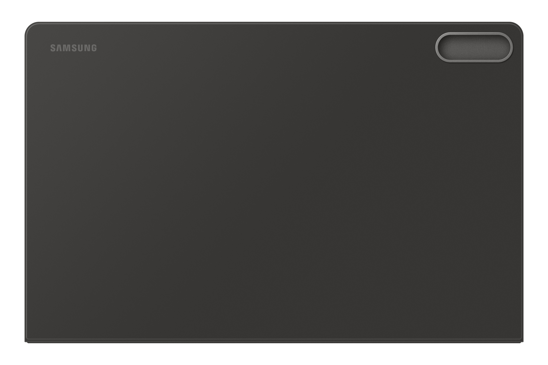Ciemnoszary tył tabletu. Logo Samsung znajduje się w lewym górnym rogu. Po prawej stronie znajduje się poziomy pasek.