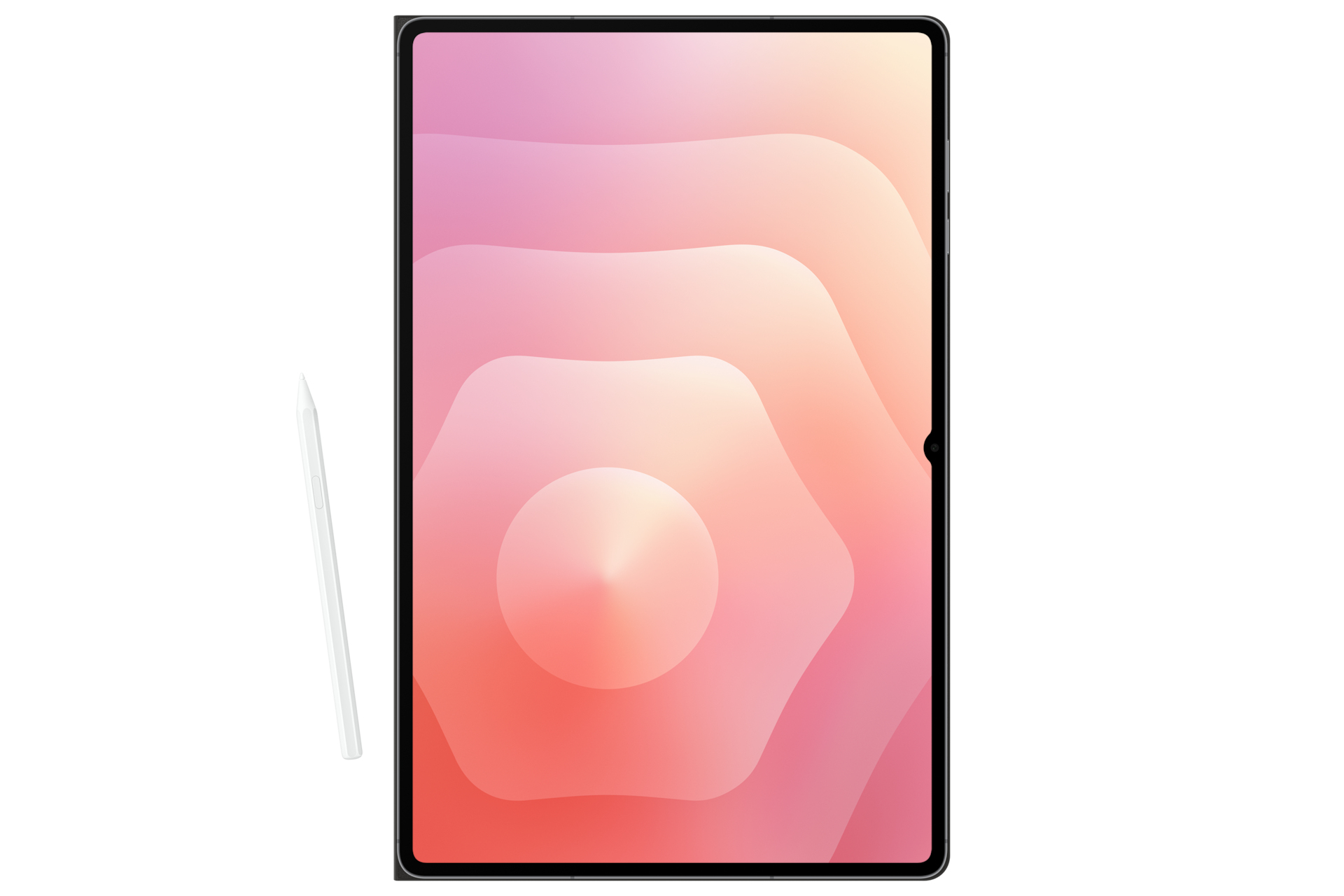 Tablet z rysikiem. Tablet wyświetla gradient różu i pomarańczy. Rysik jest biały.