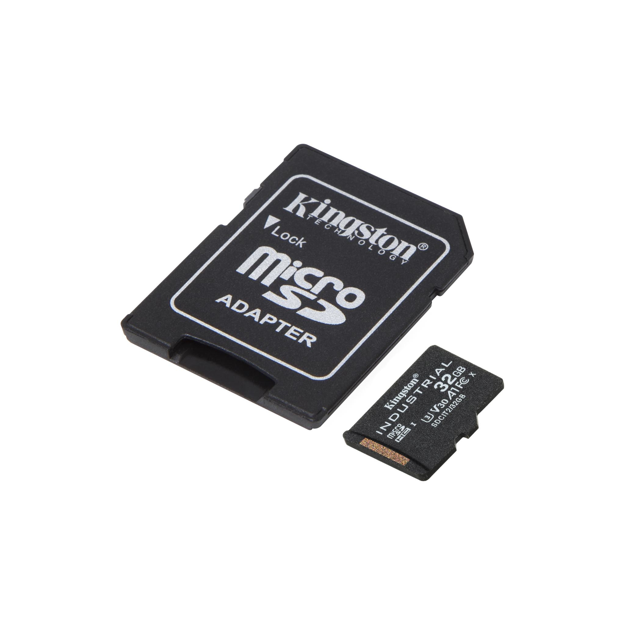 Zwei schwarze Kingston-Speicherkarten. Eine ist ein Adapter, die andere eine Micro-SD-Karte, beide auf weißem Hintergrund.