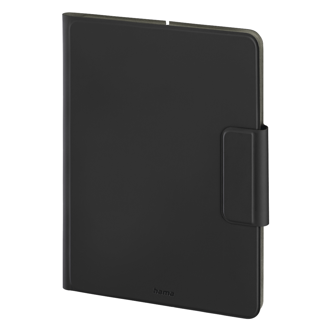 Eine schwarze Tablet-Hülle mit Magnetverschluss. Auf der Hülle befindet sich unten das Logo 'hama'. Der Hintergrund ist weiß.