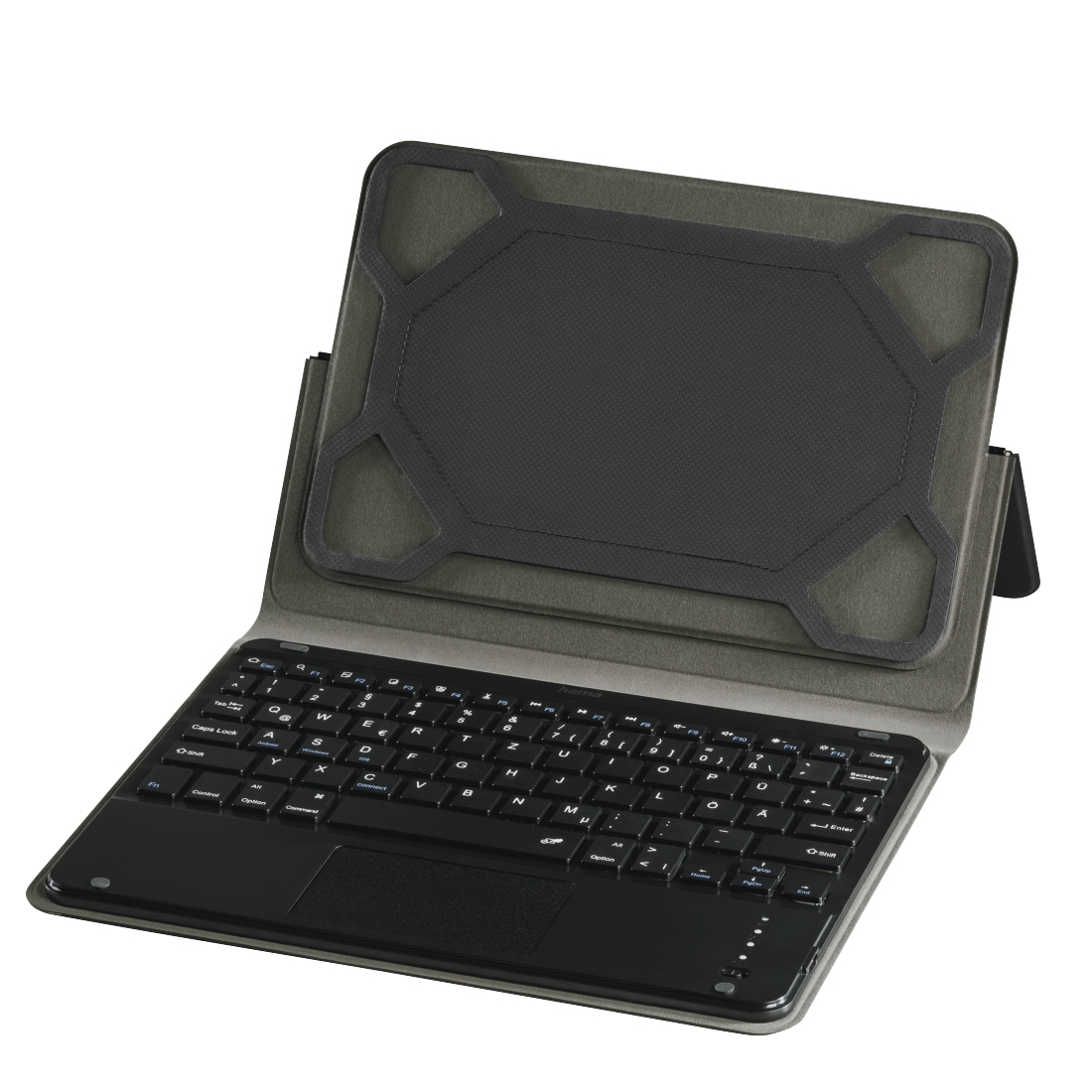 Eine schwarze Tablet-Tastaturhülle, geöffnet. Sie hat eine Tastatur, ein Touchpad und einen Ständer. Die Hülle ist grau mit schwarzen Akzenten.