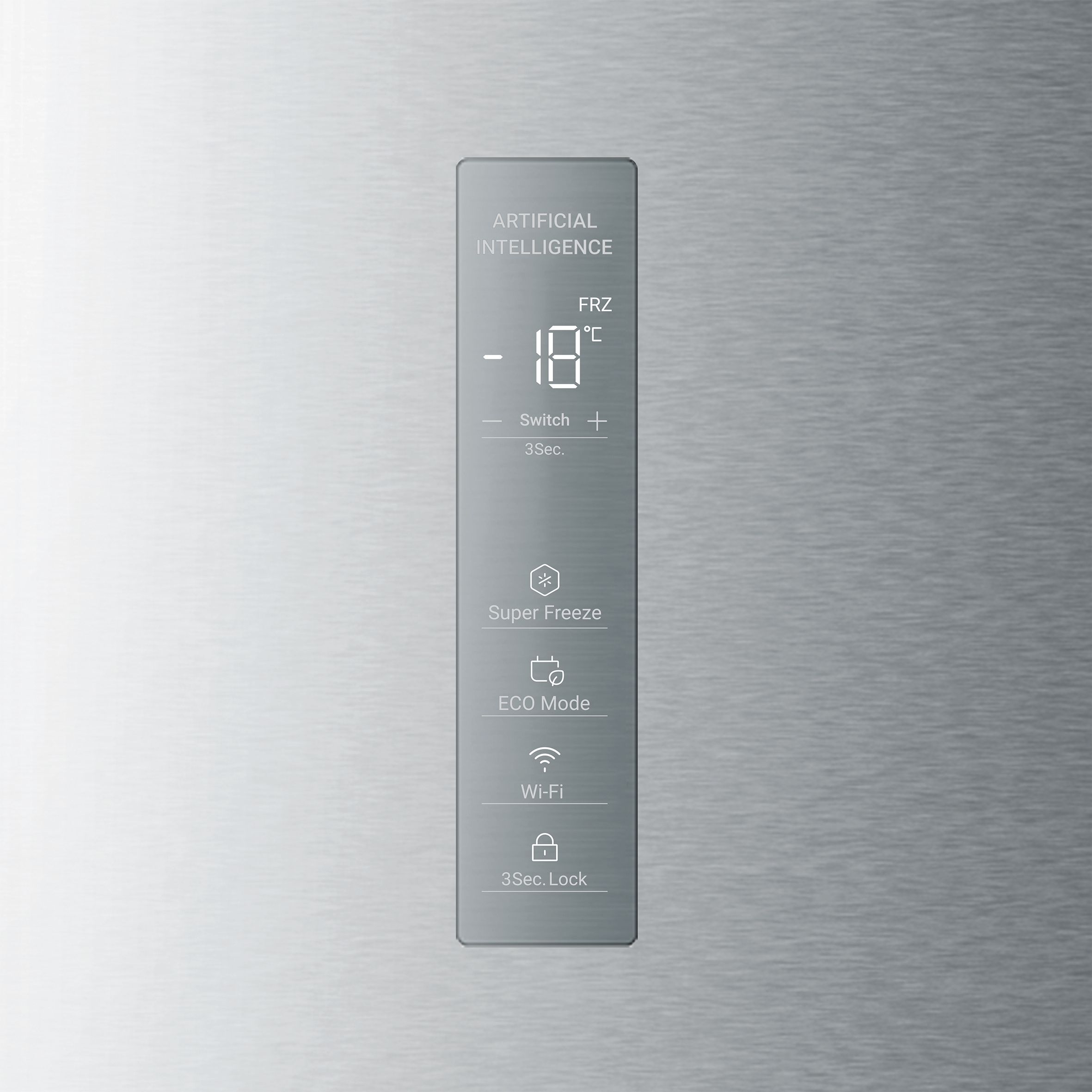 Bedieningspaneel van de koelkast. Toont temperatuur (-18°C) en functies zoals supervriezen, eco-modus, Wi-Fi en vergrendeling.
