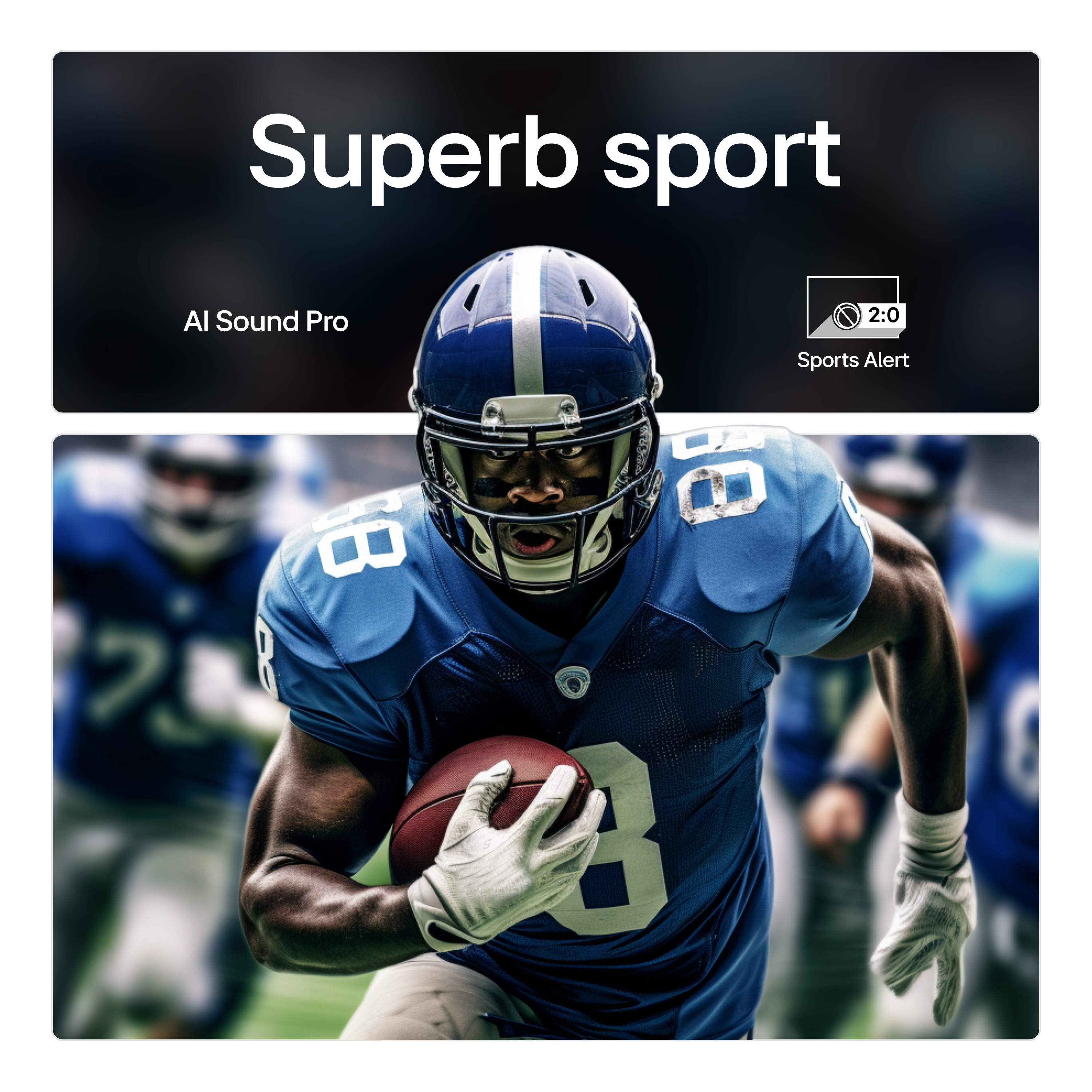 Gracz futbolu amerykańskiego w niebieskim mundurze biegnie z piłką. Tekst "Superb sport" i "Sports Alert". Wynik 2:0.