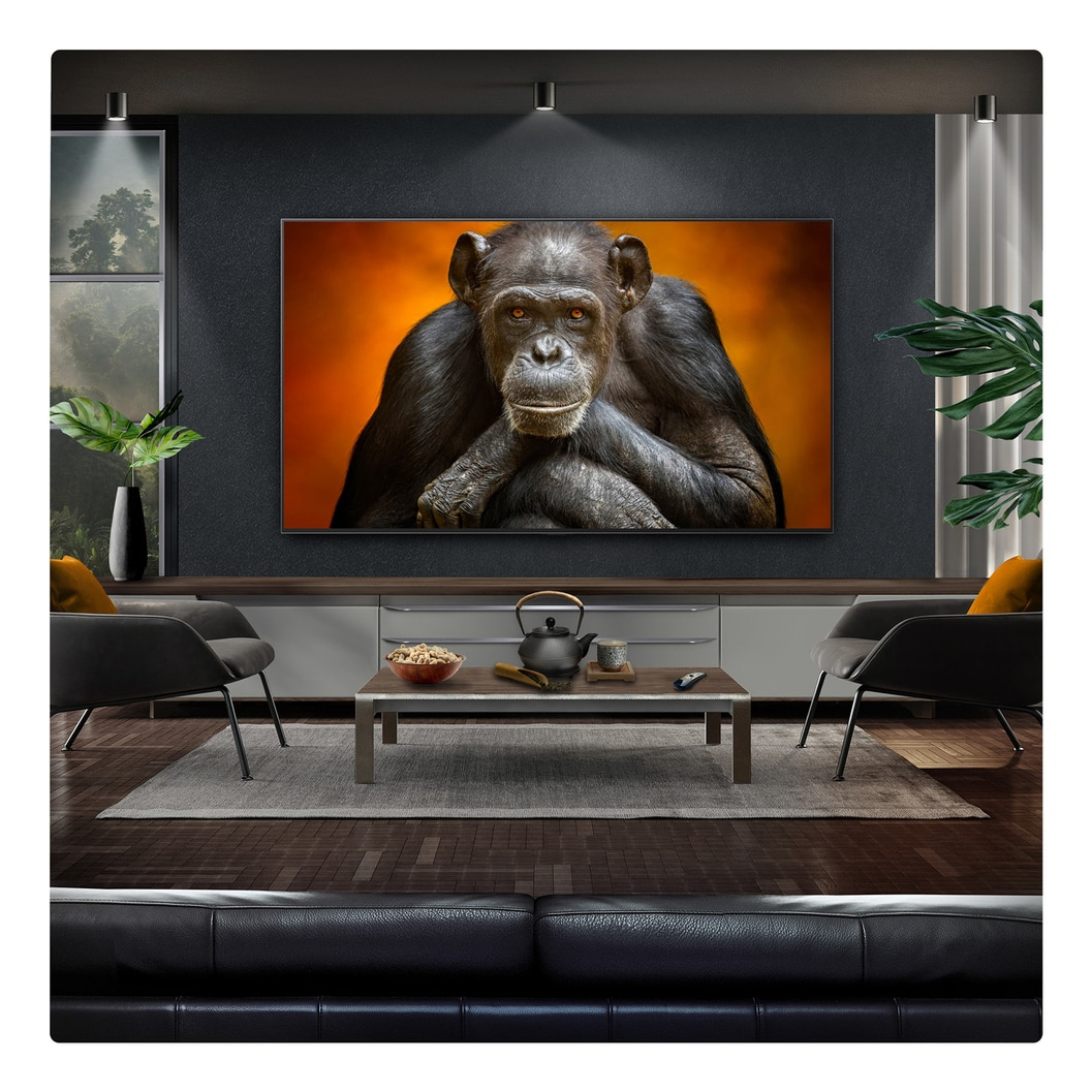 Nowoczesny salon z dużym telewizorem wyświetlającym obraz szympansa. Stolik kawowy, krzesła i rośliny w pokoju.