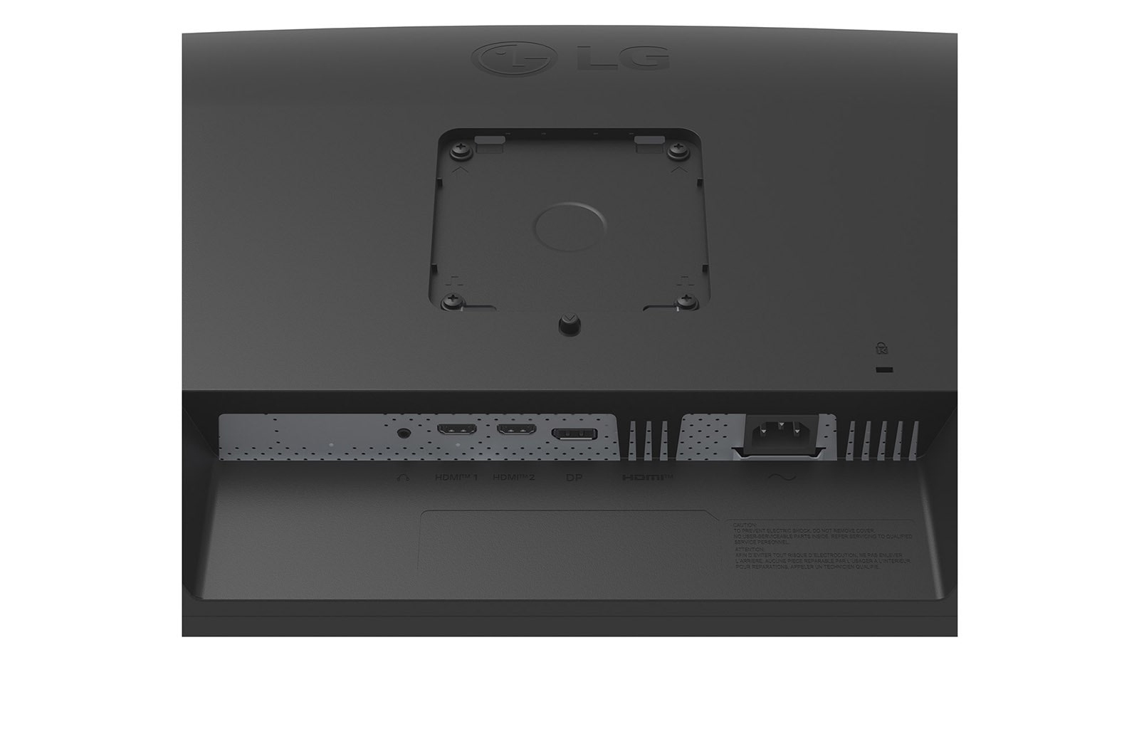 Widok z tyłu czarnego monitora LG z portami HDMI, DP i zasilania. Logo LG widoczne u góry.