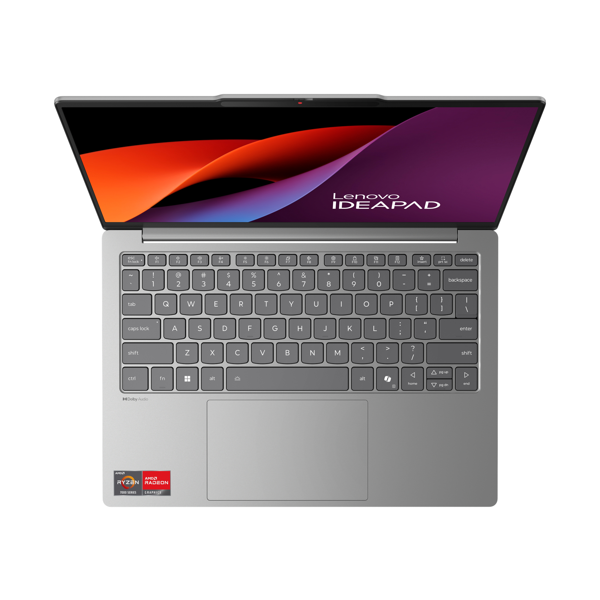Szary laptop Lenovo IdeaPad jest otwarty. Ekran wyświetla kolorowy abstrakcyjny wzór. Klawiatura jest widoczna.