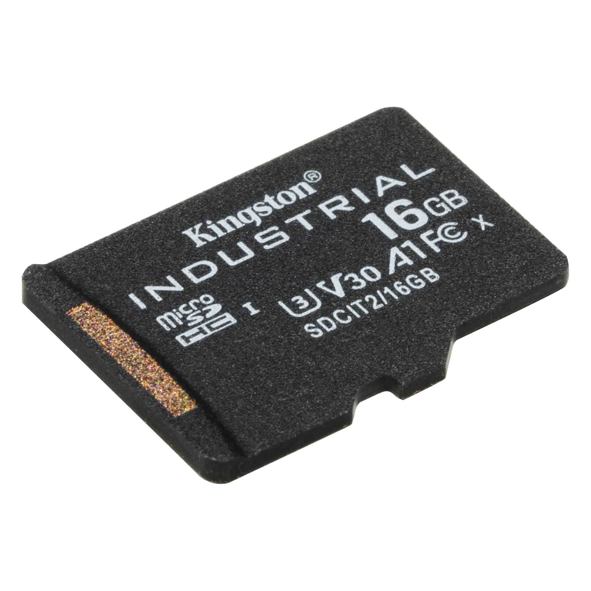 Schwarze Kingston Industrial 16GB Micro-SD-Karte. Text: Kingston, Industrial, 16GB, V30, A1, FC. Goldener Anschluss.