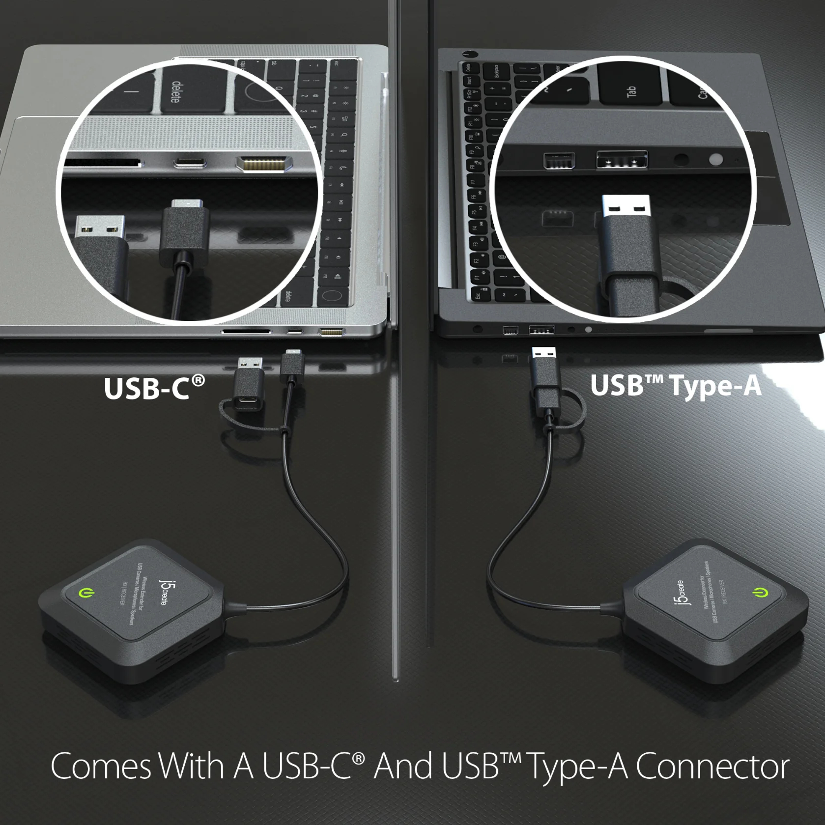 Zwei Laptops mit USB-C- und USB-A-Anschlüssen. Kabel verbinden sich mit schwarzen j5create-Geräten.