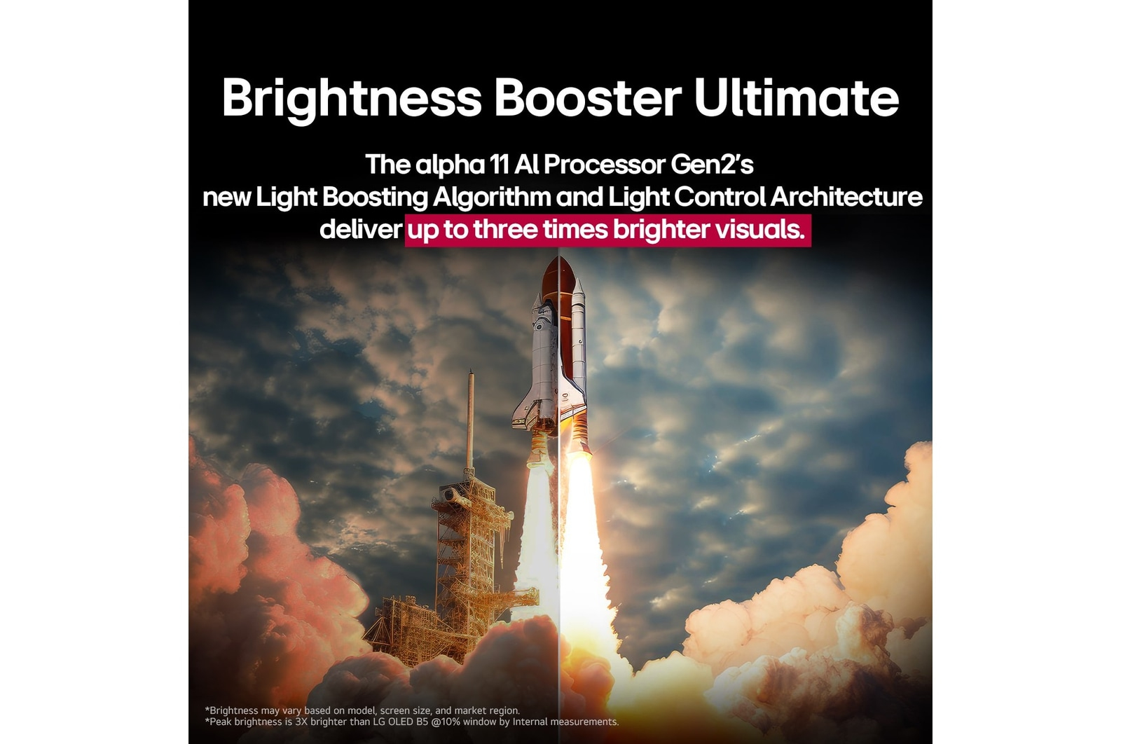 Wahadłowiec kosmiczny startuje z jasnymi płomieniami i dymem na tle pochmurnego nieba. Tekst promuje wzmacniacz jasności.