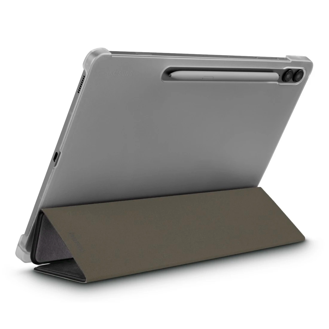 Ein graues Tablet mit Stift in einer Standhülle. Die Hülle ist braun. Das Tablet ist leicht angewinkelt und steht auf dem Ständer.