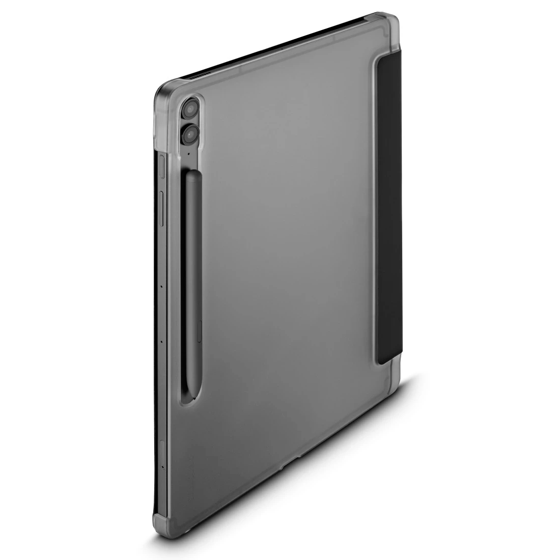 Graues Tablet in einer Hülle. Ein schwarzer Stift ist befestigt. Die Hülle hat eine schwarze Klappe. Der Hintergrund ist weiß.