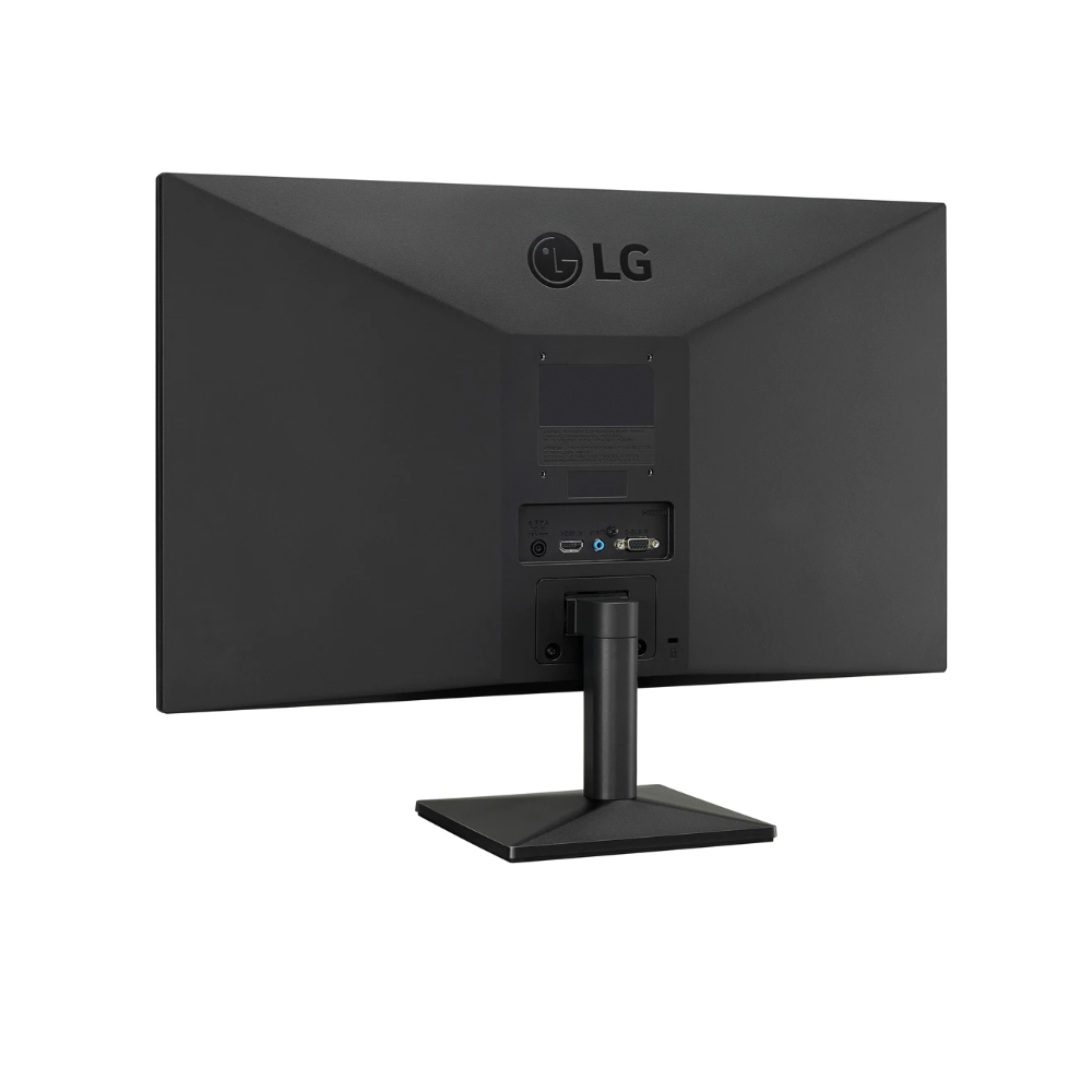Vista posteriore di un monitor LG nero con supporto. Le porte sono visibili. Il logo LG è in alto al centro. Lo sfondo è bianco.