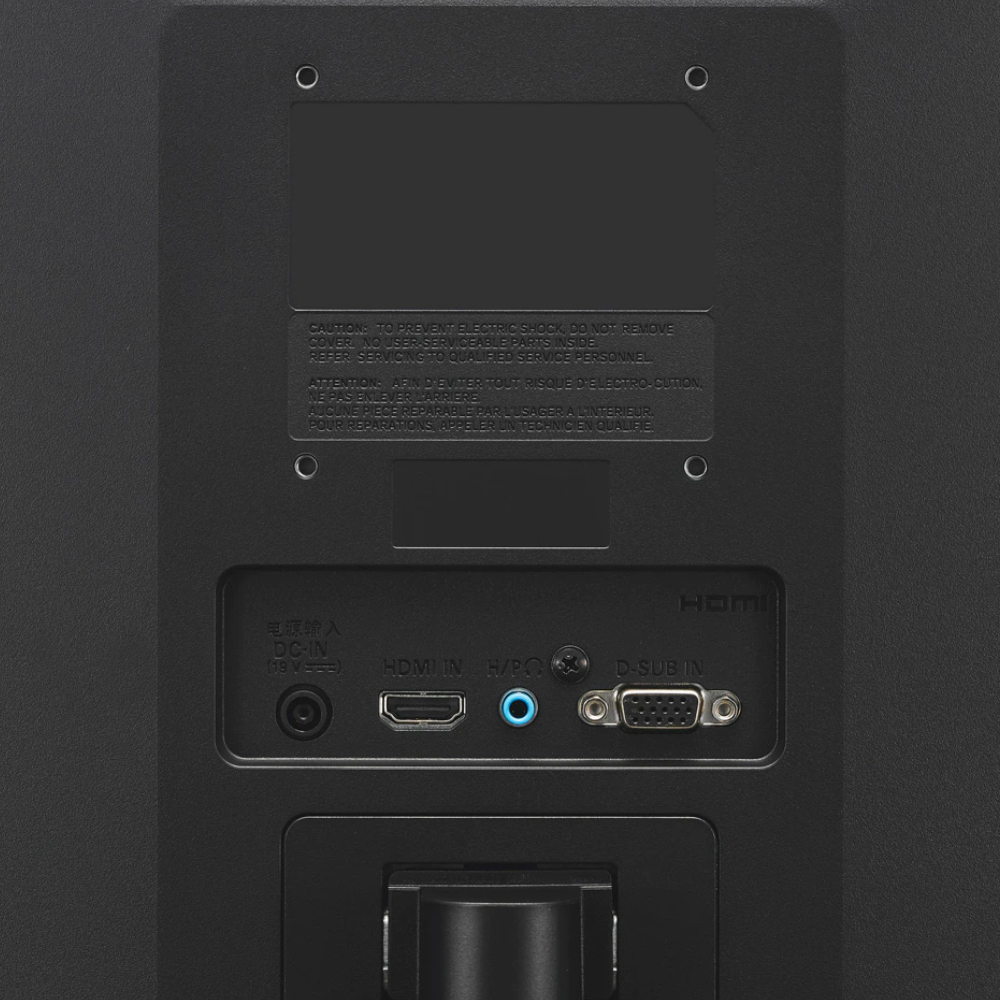 Pannello posteriore di monitor nero con porte HDMI, D-SUB, DC-IN. Include avvertenze di sicurezza e informazioni del produttore.