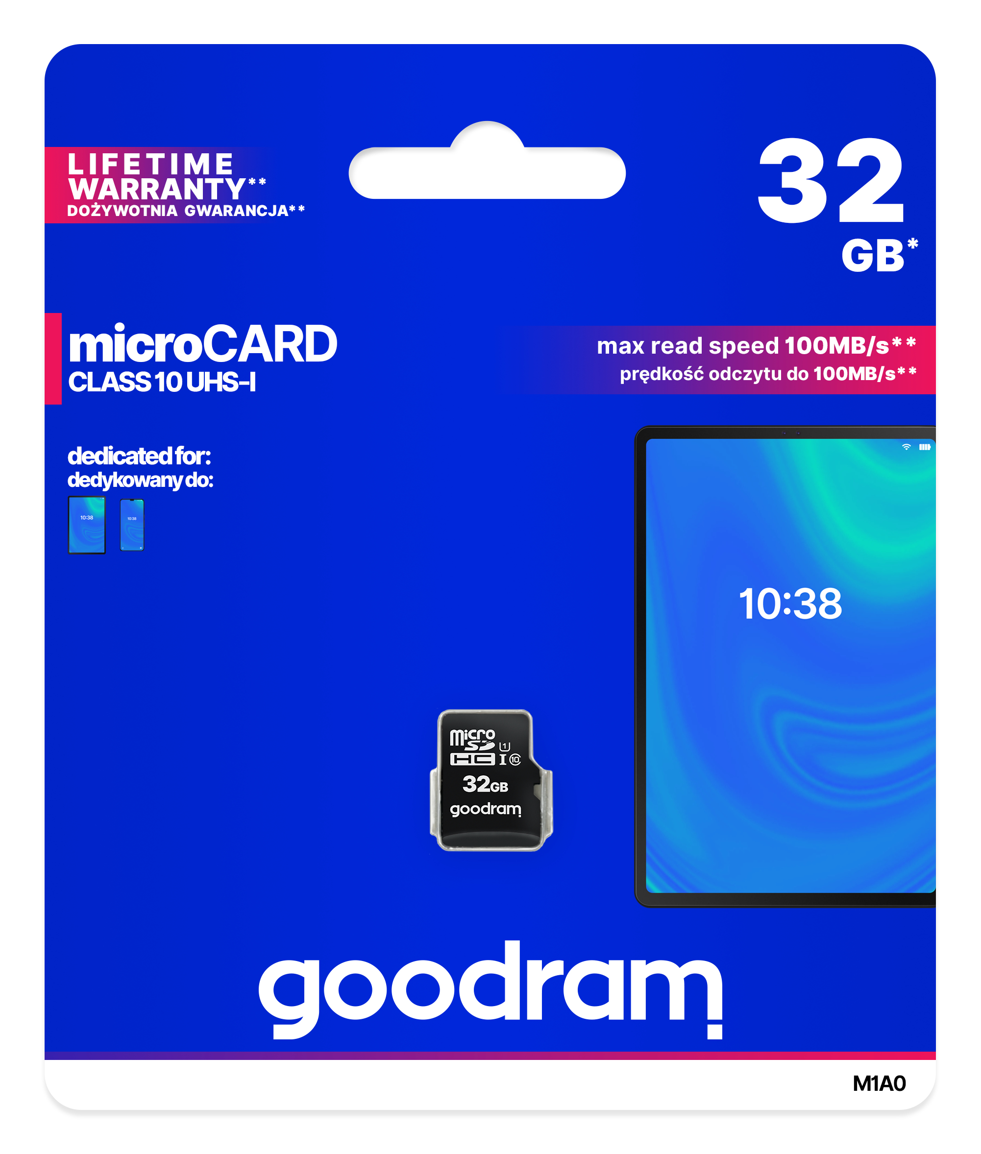 Eine blaue Verpackung zeigt eine 32GB Micro-SD-Karte und ein Tablet mit der Uhrzeit 10:38.