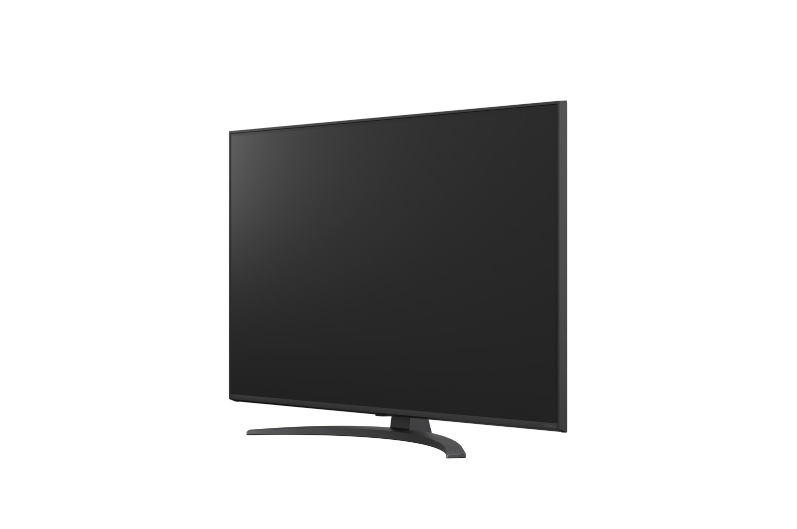 Duży, czarny telewizor z płaskim ekranem i zakrzywioną podstawą na białym tle.