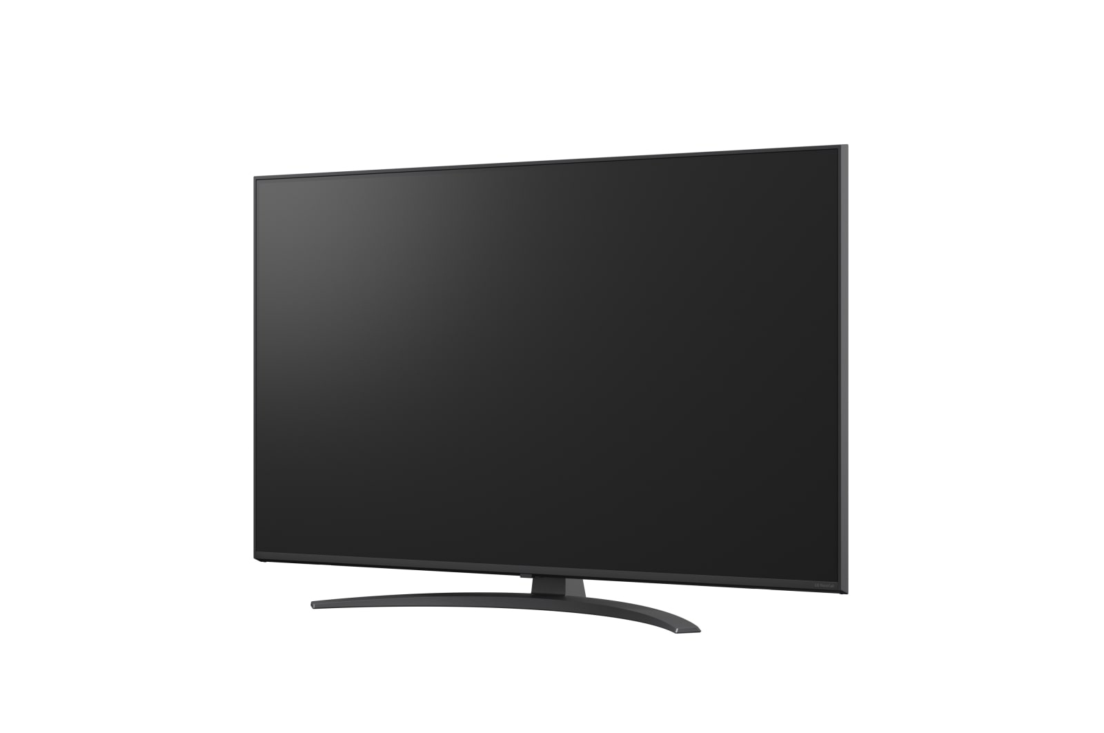 Duży, czarny telewizor z zakrzywionym ekranem na białym tle. Telewizor jest włączony i ma ciemny ekran.