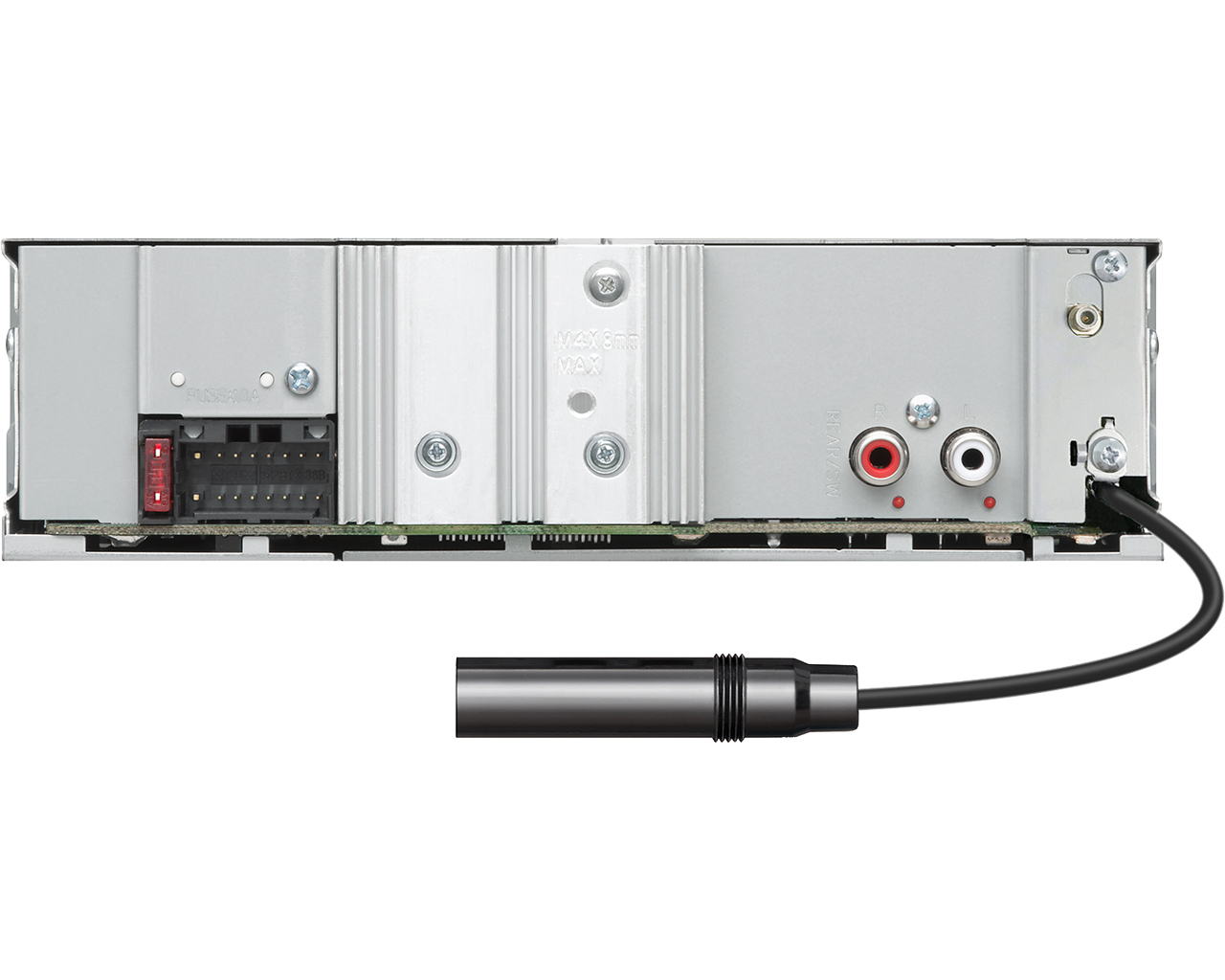Rear view of a car stereo showing ports, connectors, and a black cable with a cylindrical connector. Silver and black components.