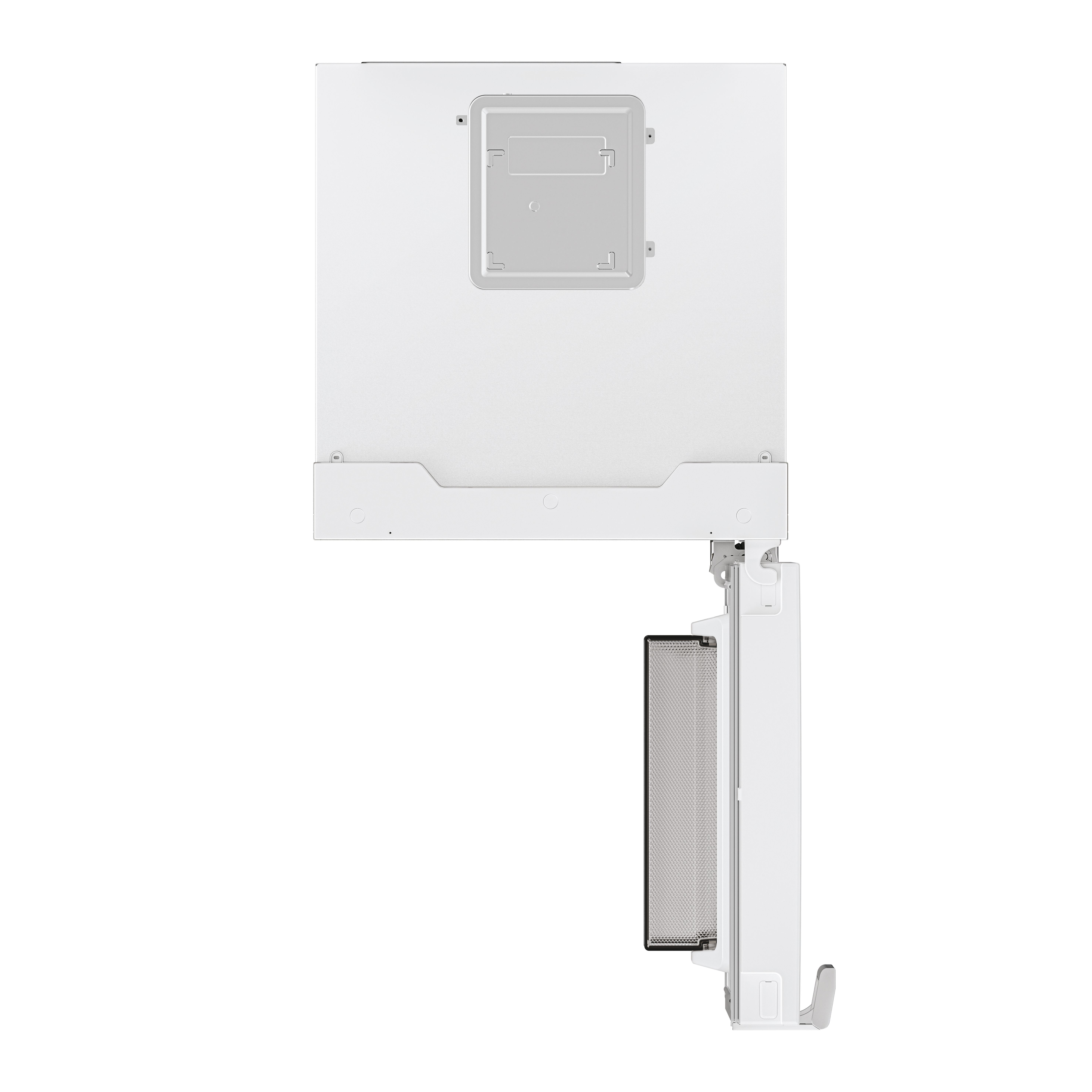 Oggetto rettangolare bianco con filtro grigio e dettagli metallici. Isolato su sfondo bianco.