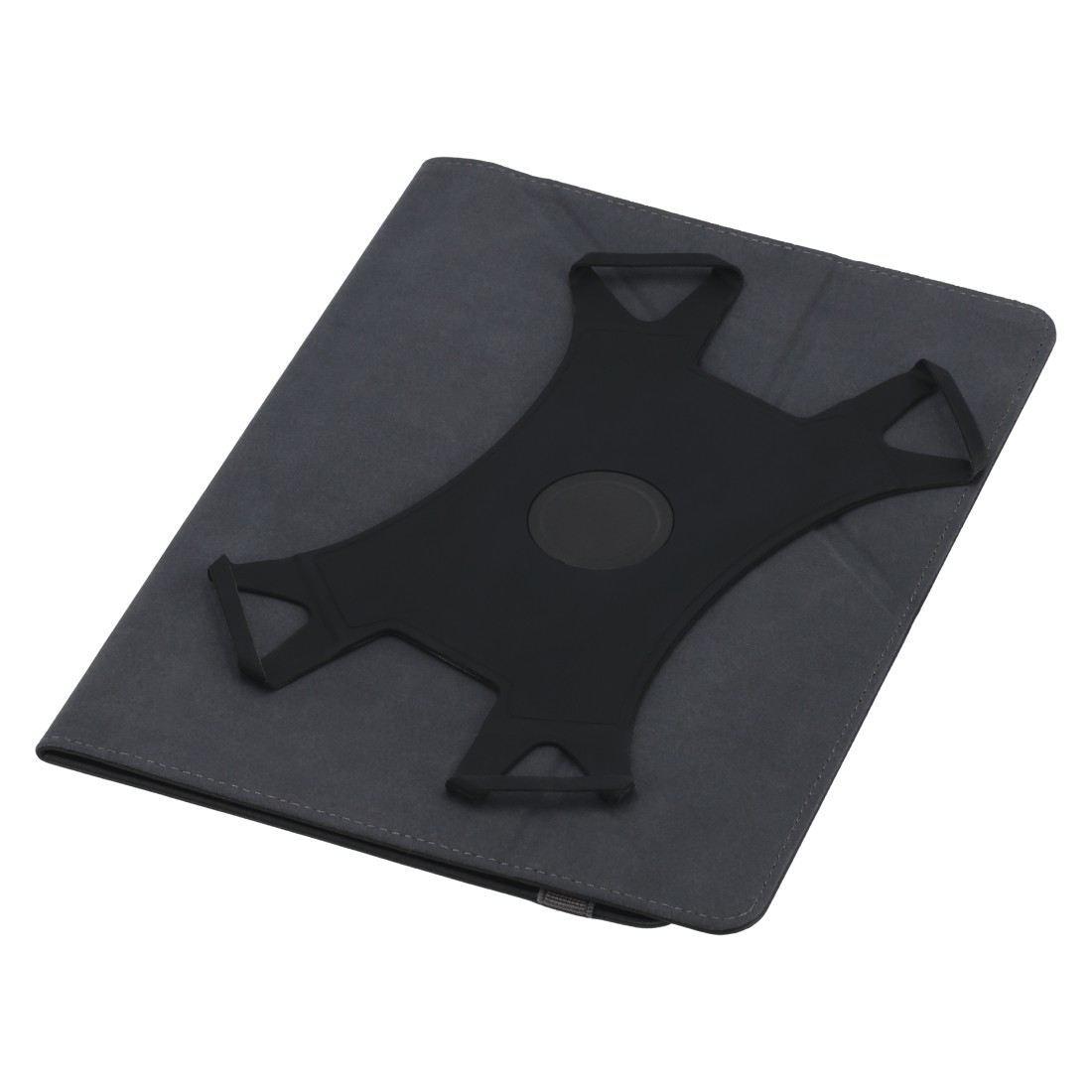 Eine Tablethülle mit schwarzem Halter. Sie ist grau, mit einem schwarzen elastischen Halter in der Mitte. Der Hintergrund ist weiß.