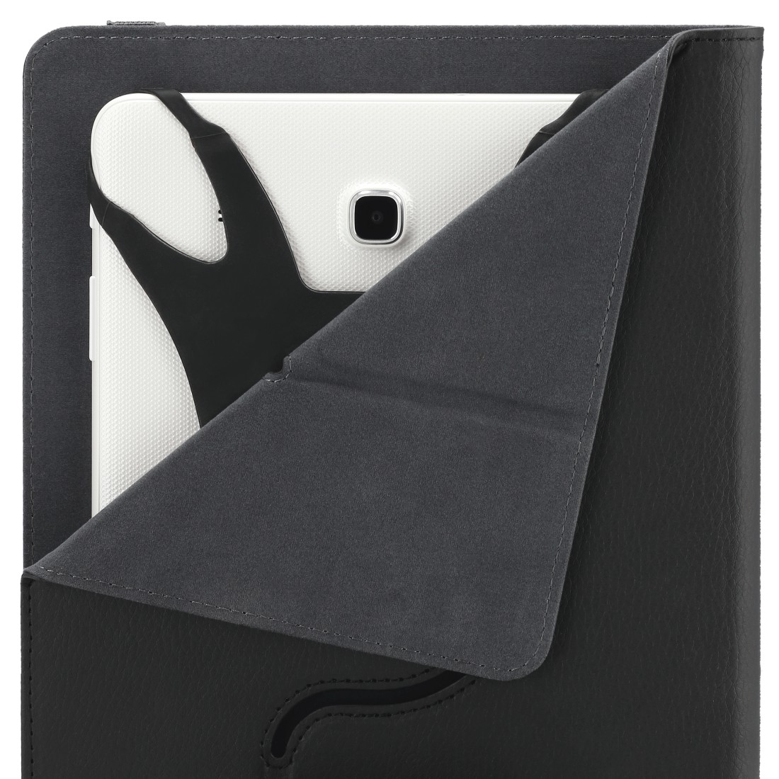 Ein Tablet in einer schwarzen Hülle. Das Tablet ist weiß mit einer Kamera und wird teilweise von der Klappe bedeckt.