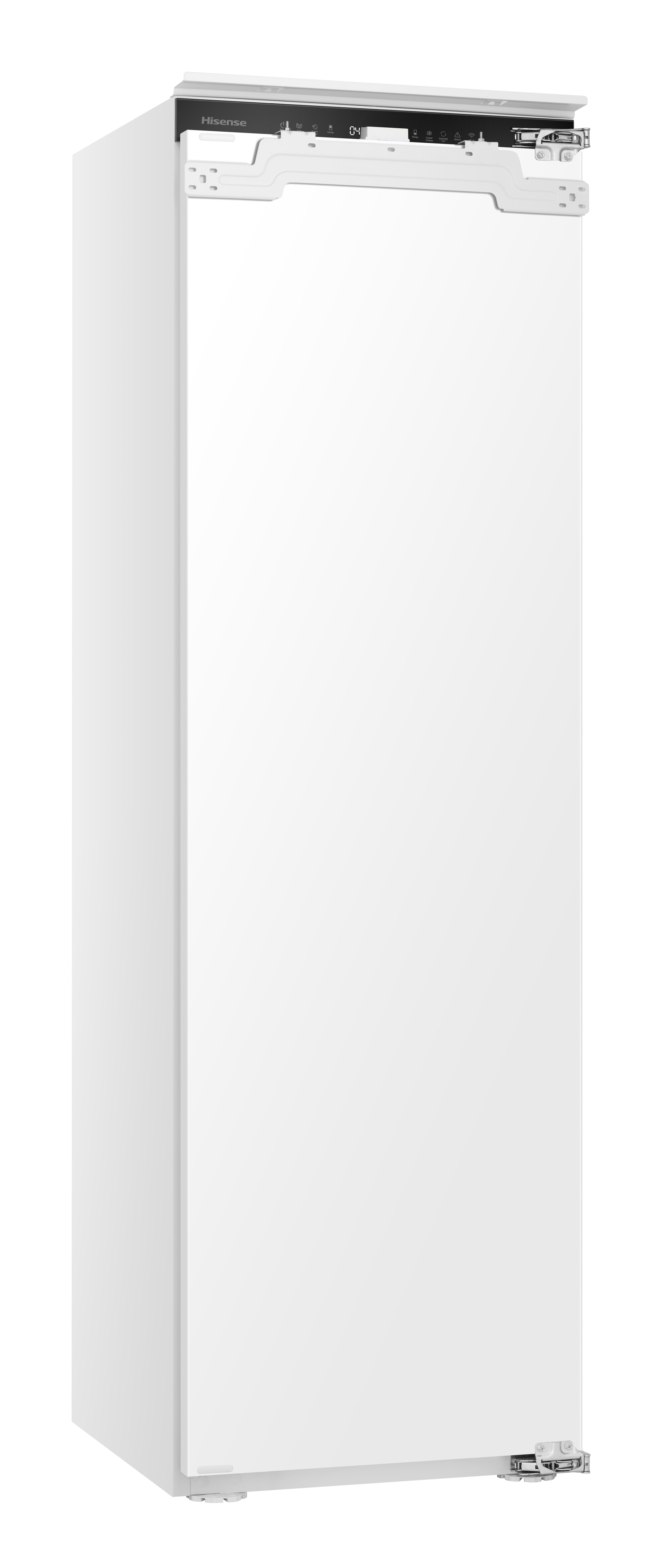 Biała lodówka Hisense. Ma cyfrowy wyświetlacz na górze i białe drzwi z bezuchwytową konstrukcją. Tło jest białe.