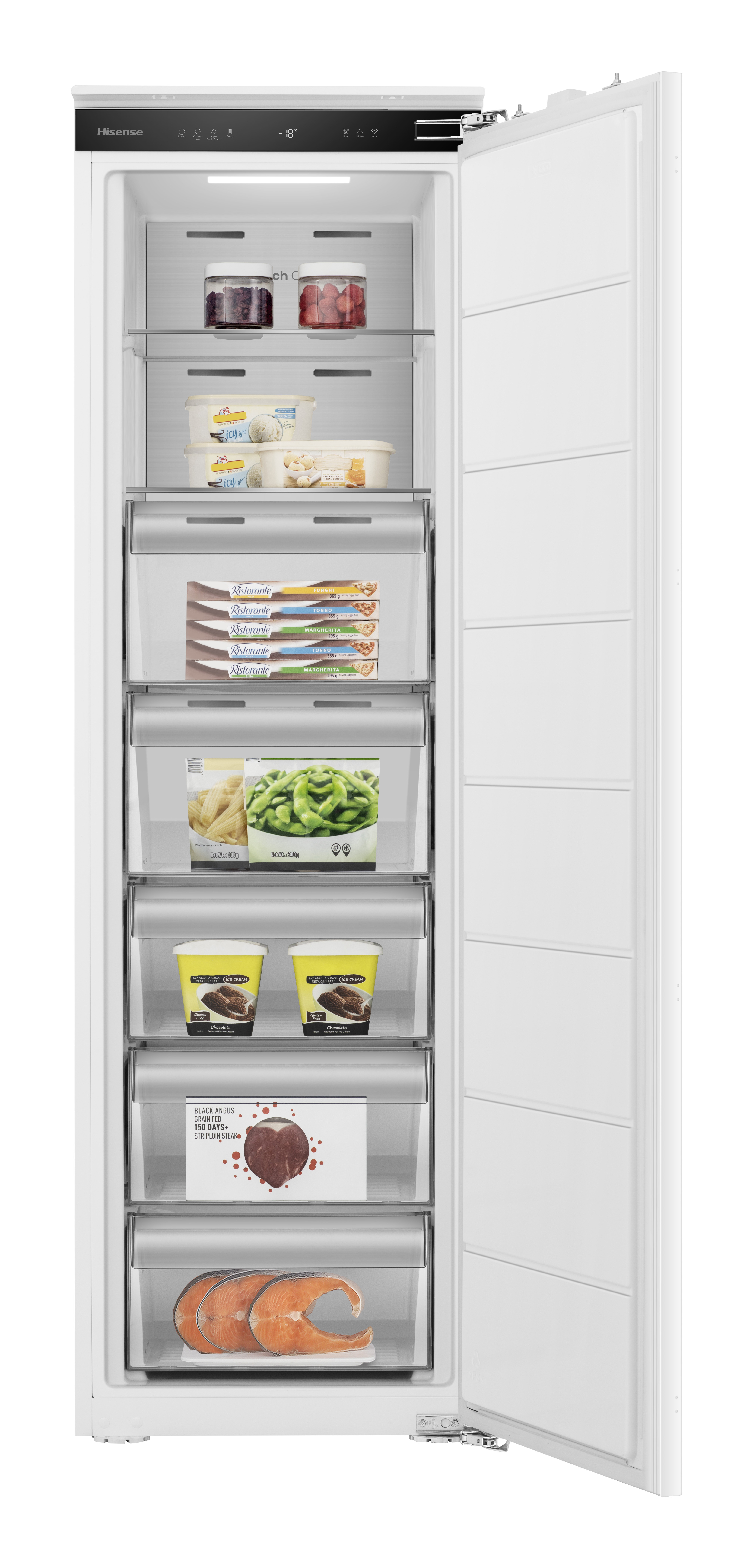 Zamrażarka Hisense z otwartymi drzwiami, pokazująca produkty spożywcze, takie jak lody, warzywa i mięso.