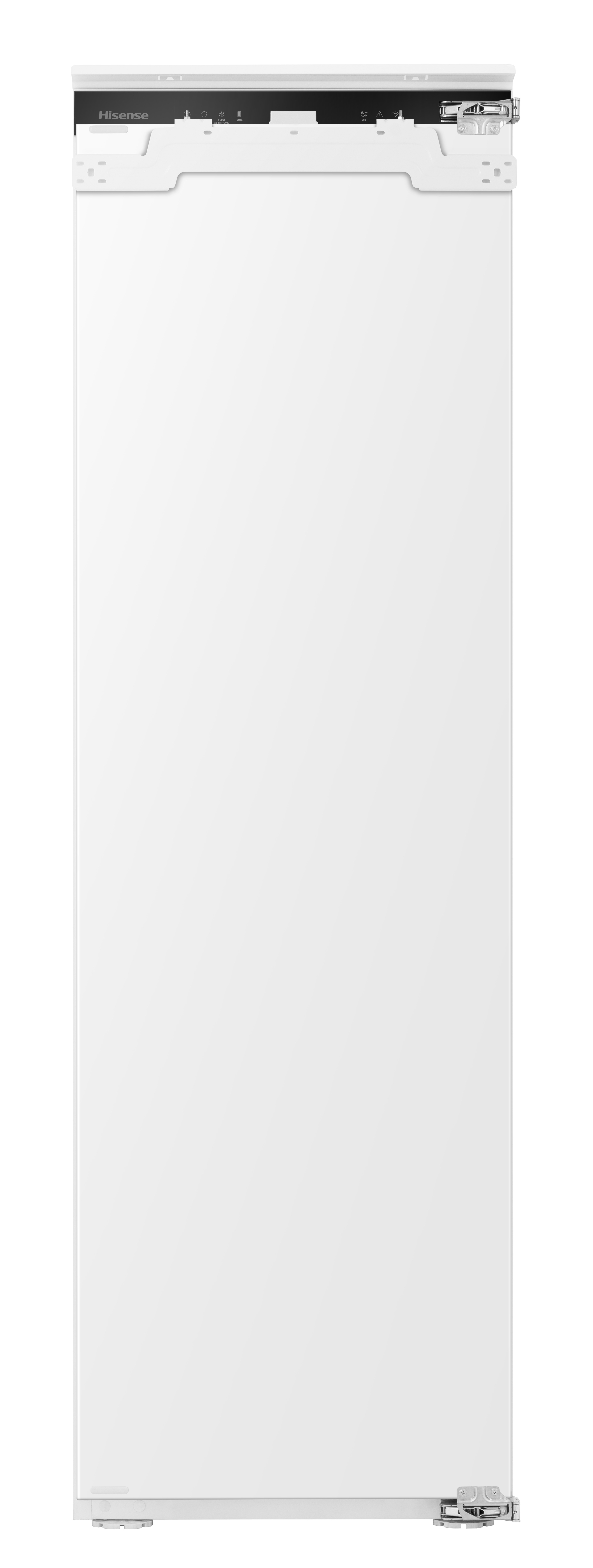 Biała lodówka Hisense ze srebrnym zawiasem po prawej stronie na dole. U góry znajdują się przyciski sterowania.