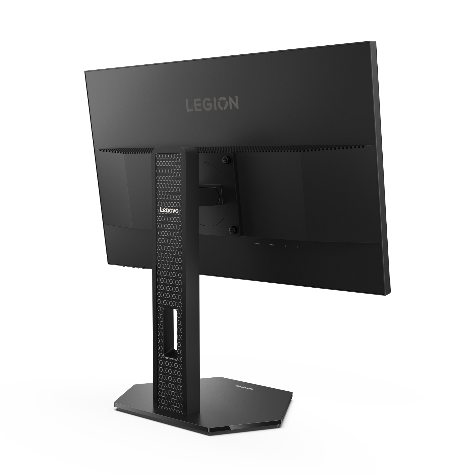 Rear view of a black Lenovo Legion monitor. The stand and back panel are visible against a white background.