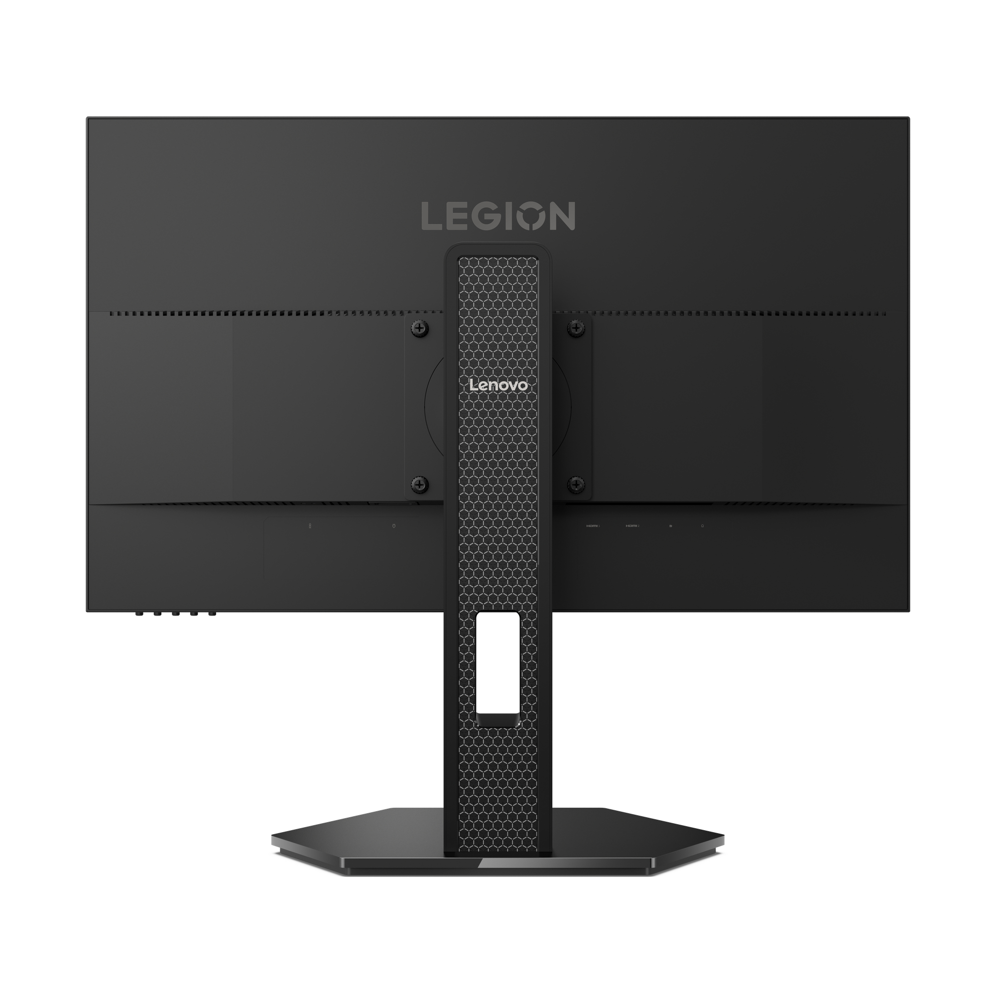 Rear view of a black Lenovo Legion monitor. The stand is hexagonal. The screen is black with the word LEGION on it.