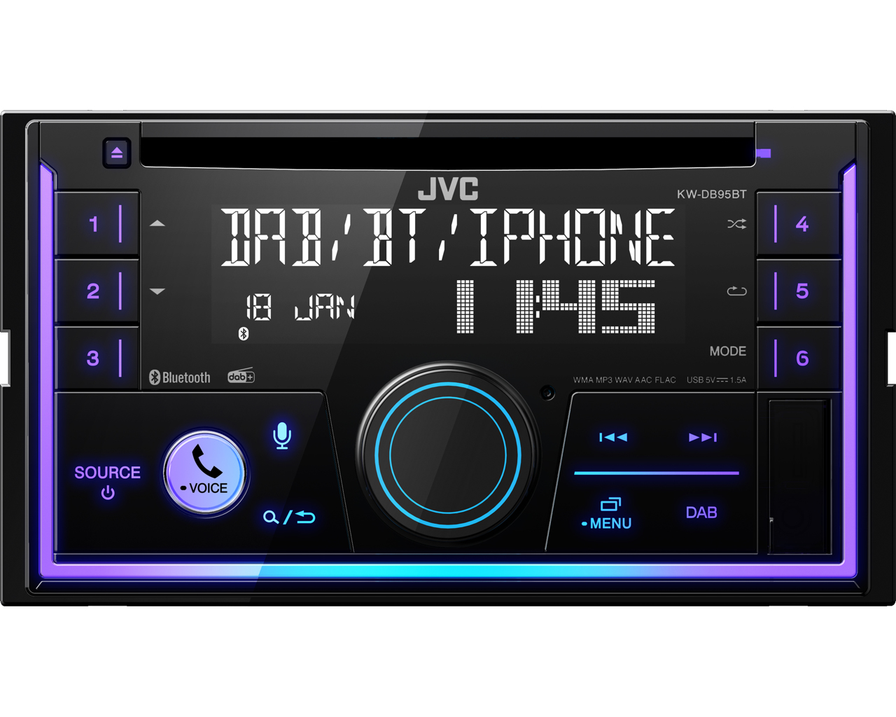 Autoradio mit Display, das 'DAB/BT/IPHONE', Uhrzeit und Datum anzeigt. Mit Knöpfen, einem Drehregler und einem blau-violetten Rahmen.